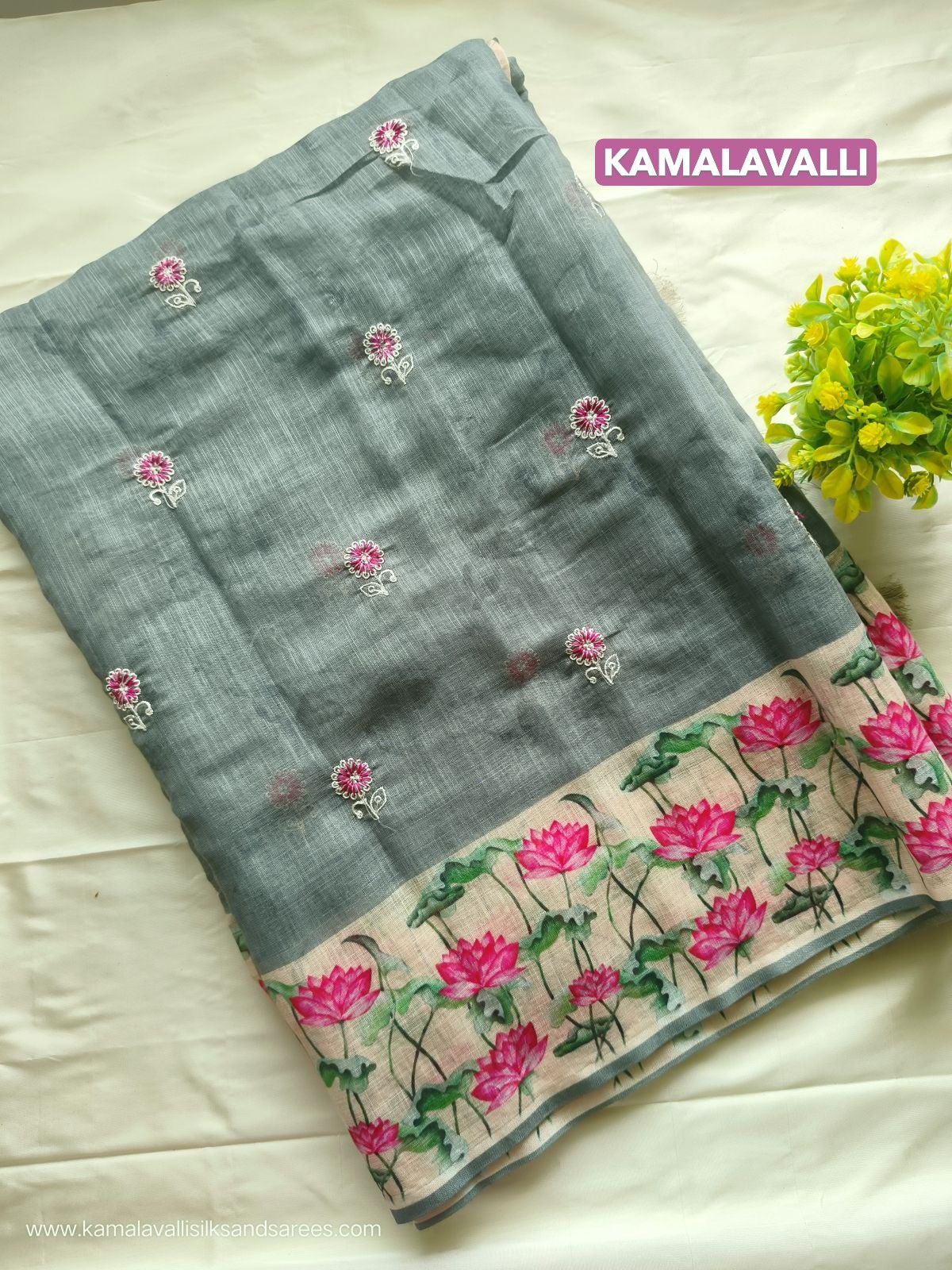 Chanderi Embroidery Cotton Saree Grey Colour