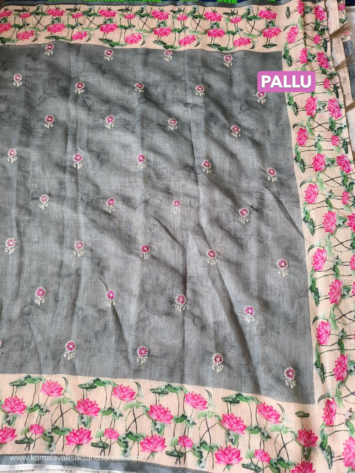 Chanderi Embroidery Cotton Saree Grey Colour