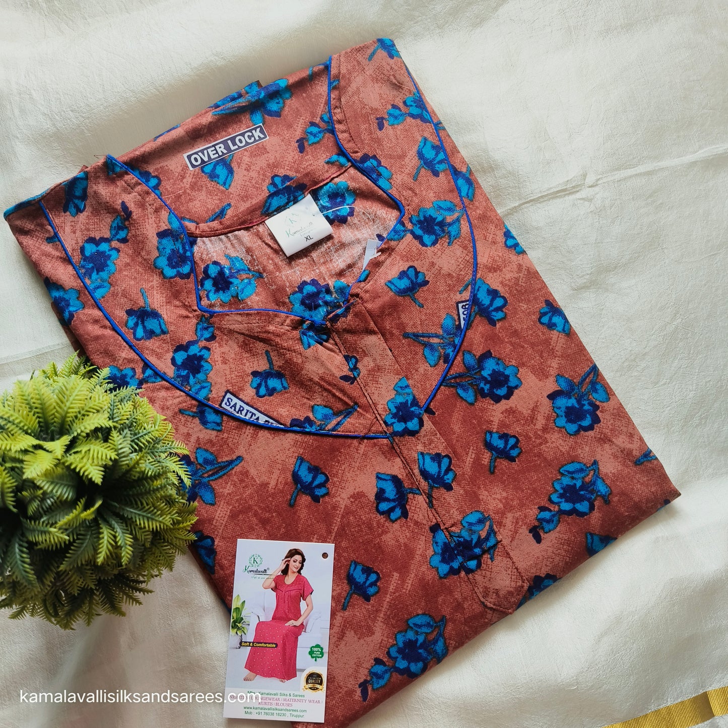 Cotton Nighty Brown and Blue colour