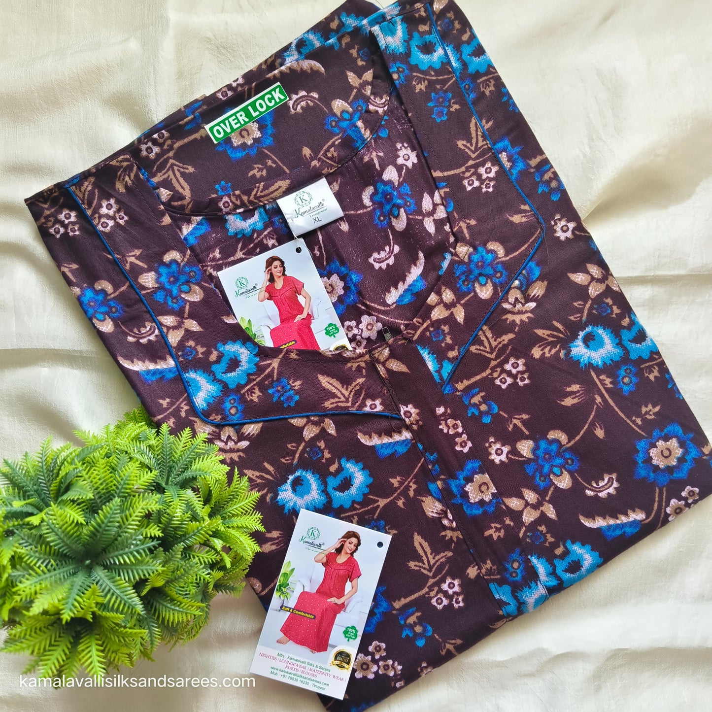 Cotton Nighty Chocolate Brown and Blue colour