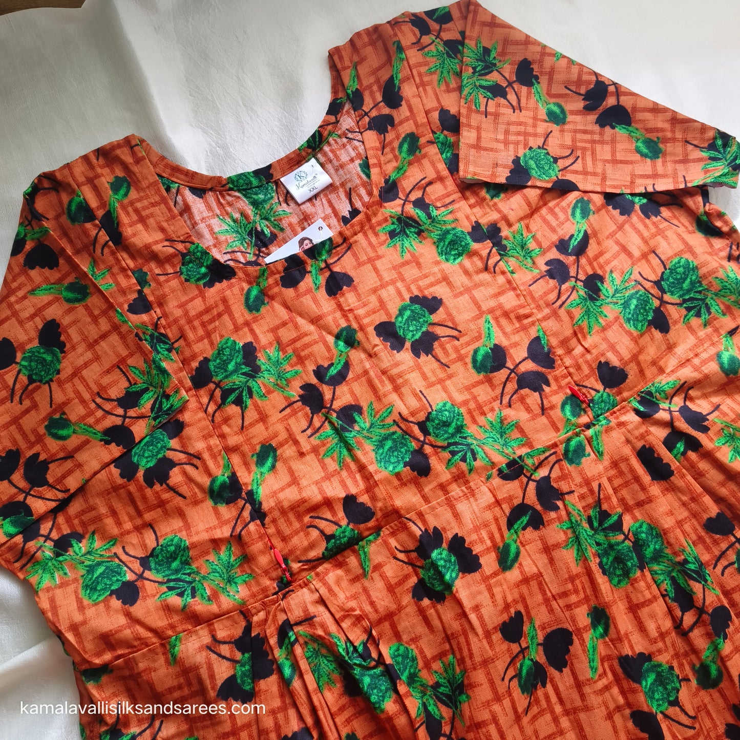 Feeding Nighty Vertical two side zips mild Orange with Green and Black colour print