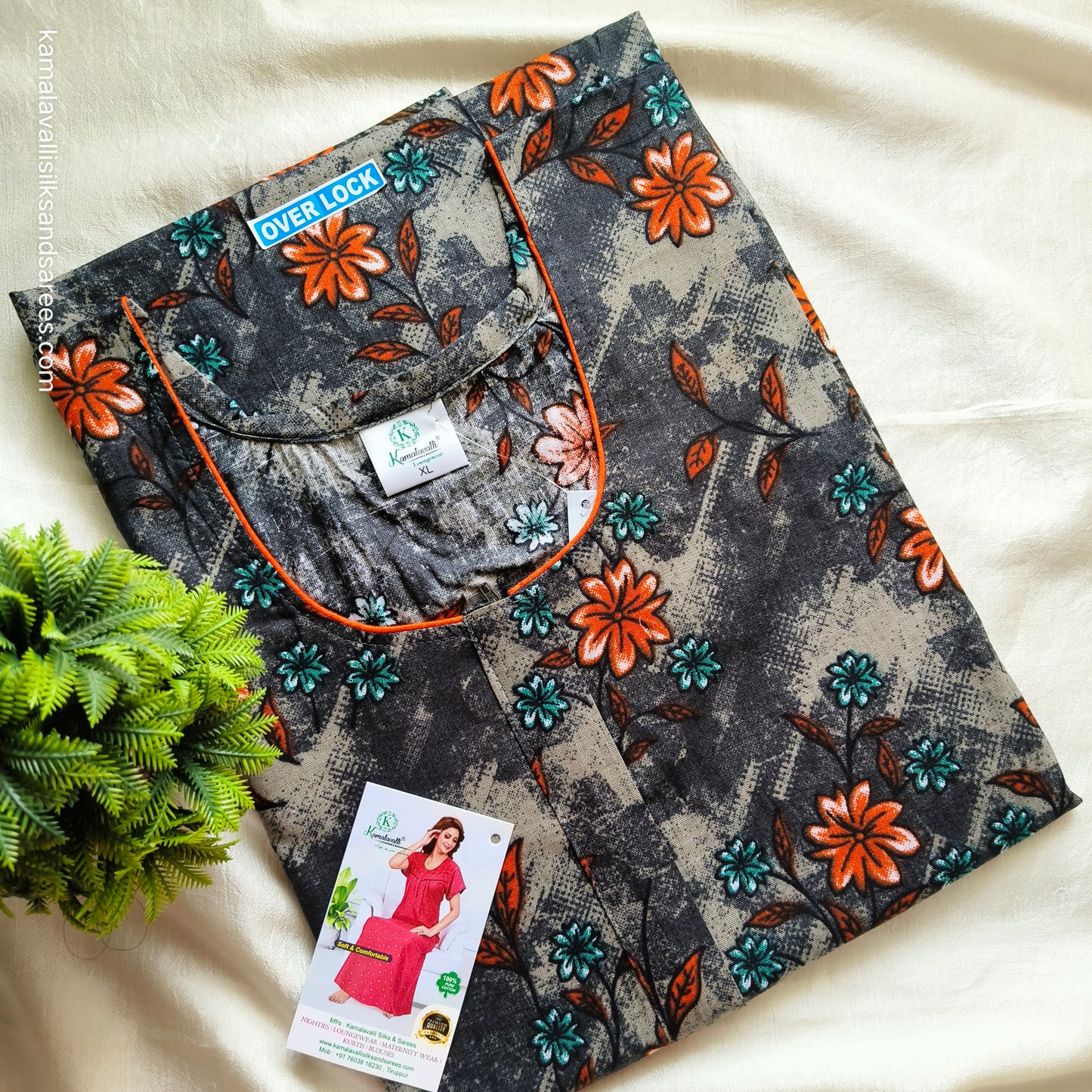 Feeding nighty Center 13" inch Long Zip Grey Colour with Orange and green print