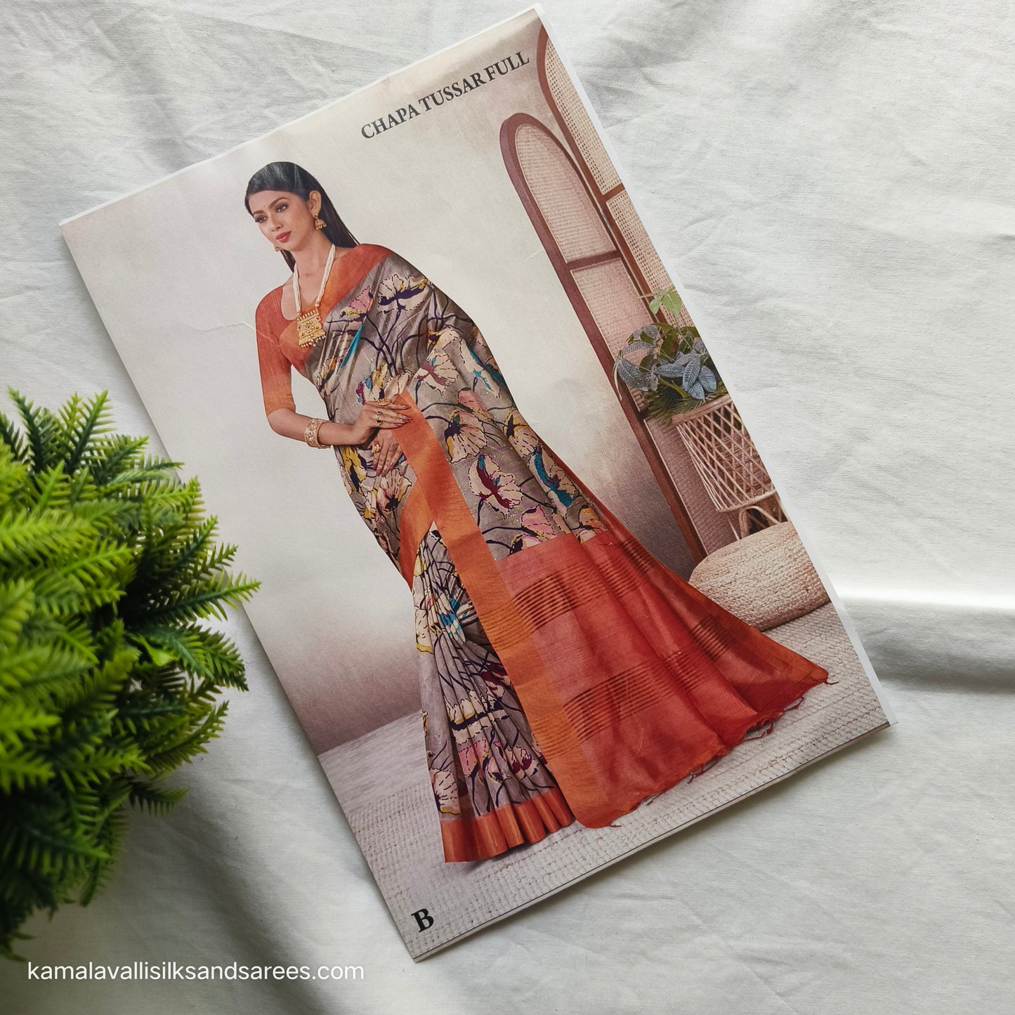 Tussar Saree Grey colour with Orange colour pallu