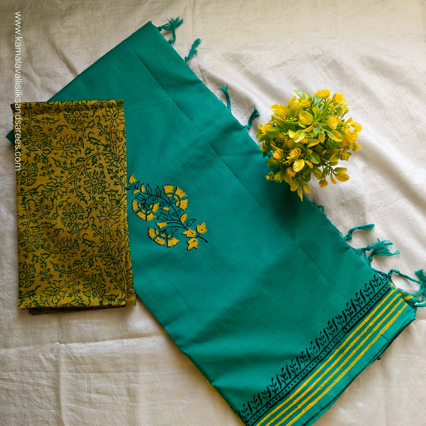 South Cotton Mix Block Printed Saree Copper sulphate green colour with Greenish Yellow Colour blouse