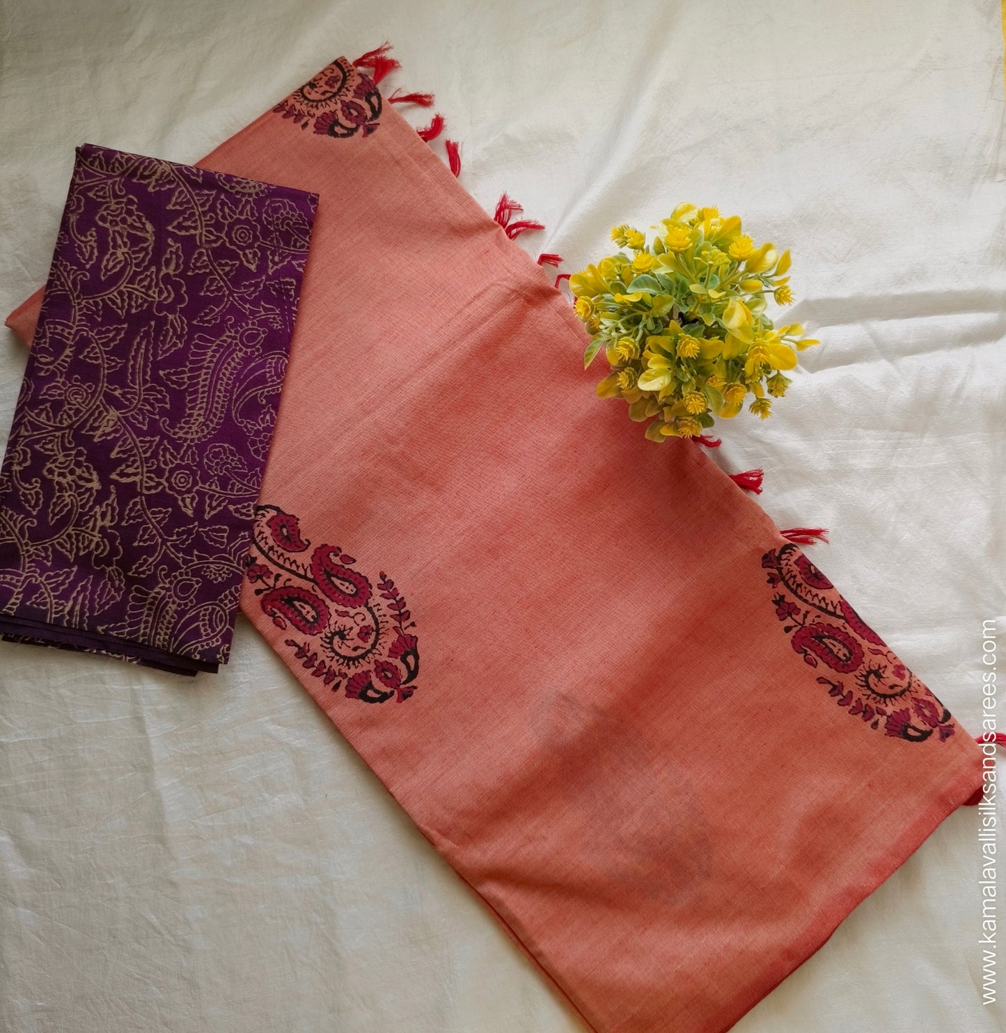 South Cotton Mix Block Printed Saree Coral Pink colour