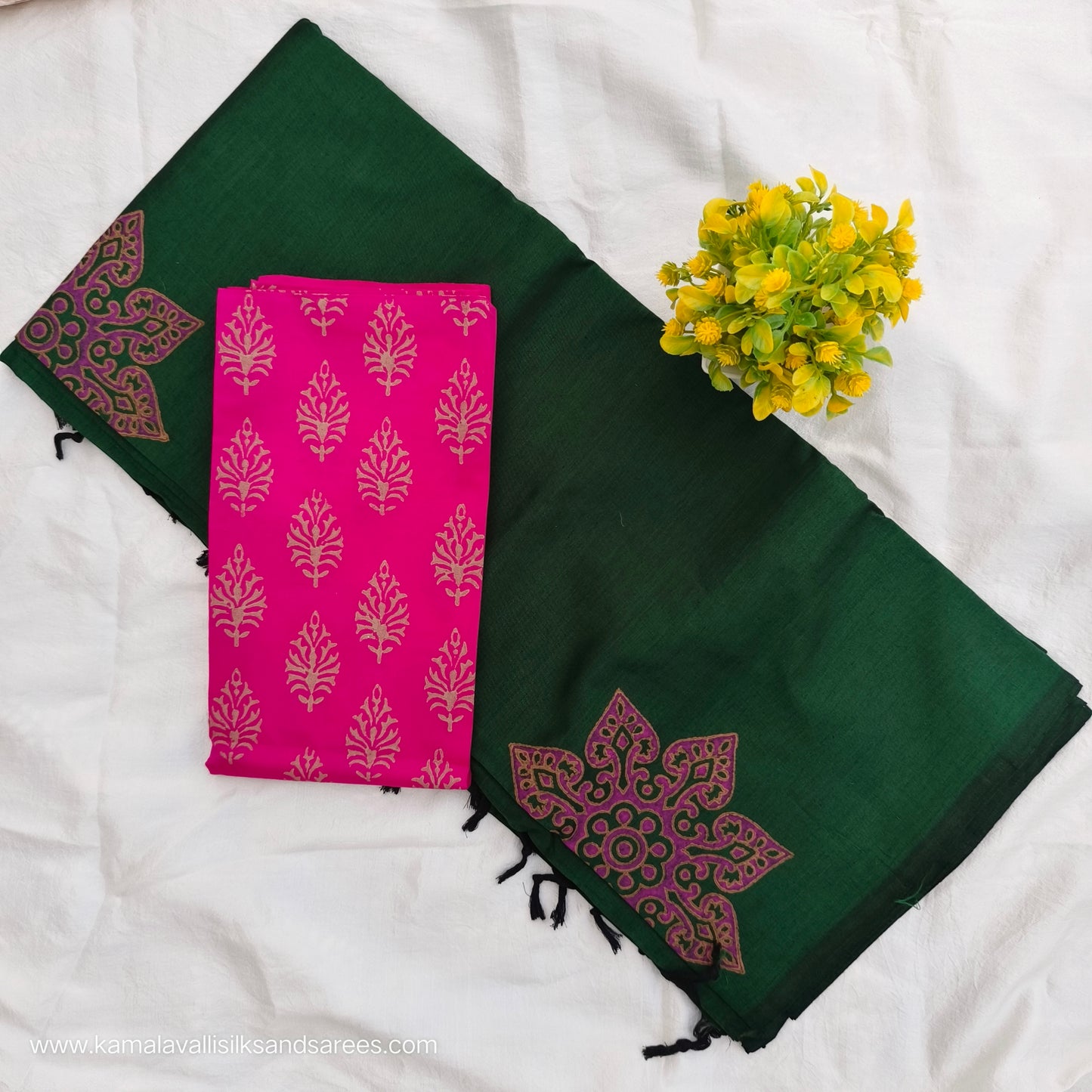 South Cotton Mix Block Printed Saree Green colour with Rose Colour blouse
