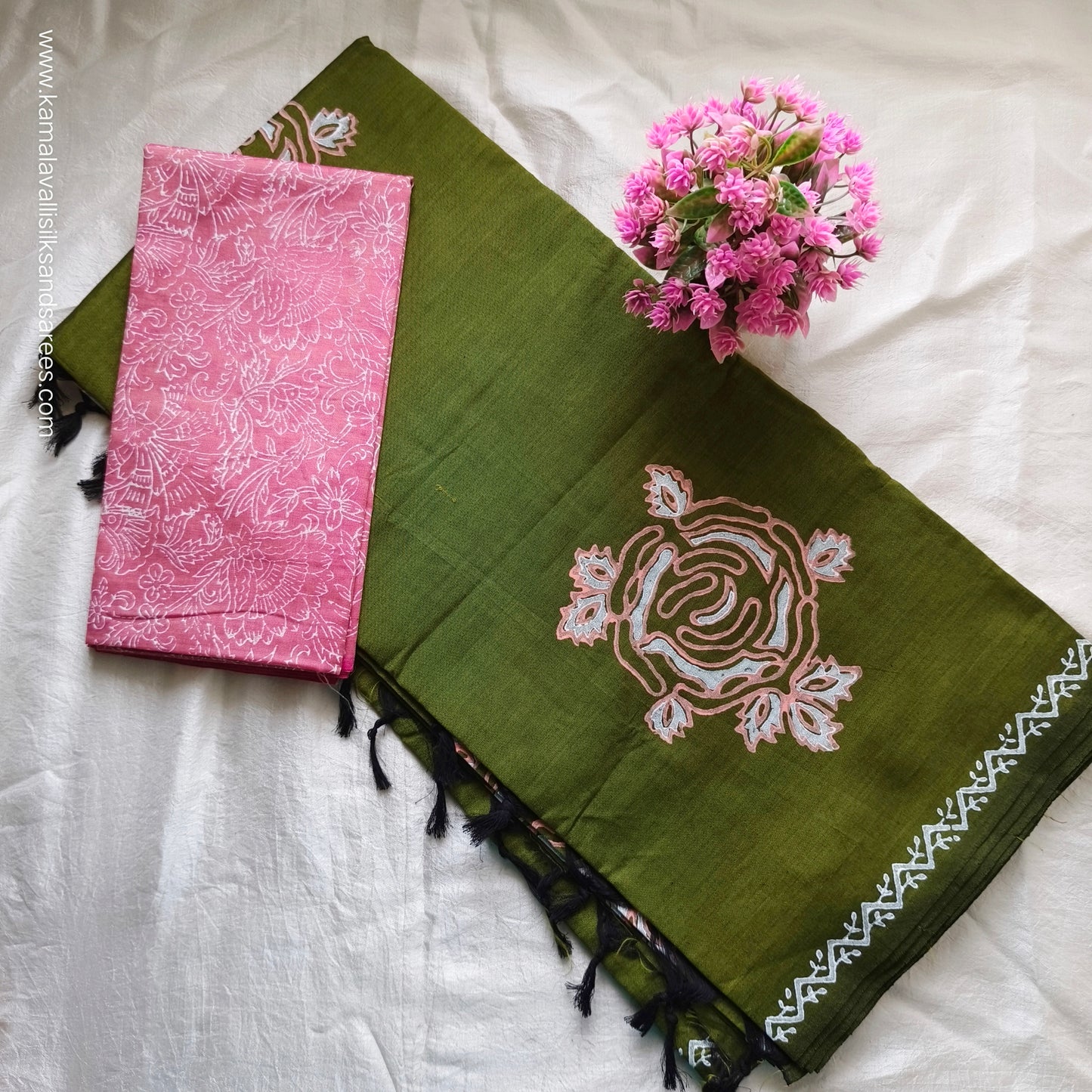 South Cotton Mix Block Printed Saree Green colour with Pink colour blouse