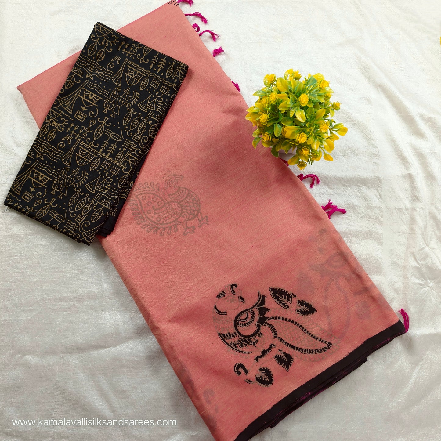 South Cotton Mix Block Printed Saree Mild orange and Pink dual shade colour with Black colour blouse