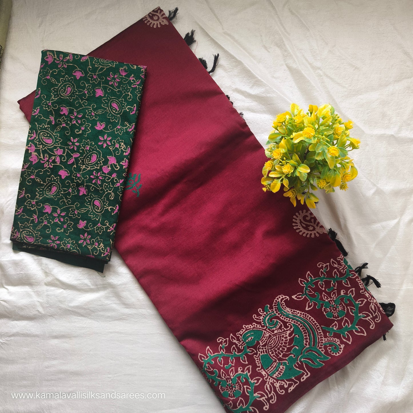 South Cotton Mix Block Printed Saree Maroon colour with Green colour blouse
