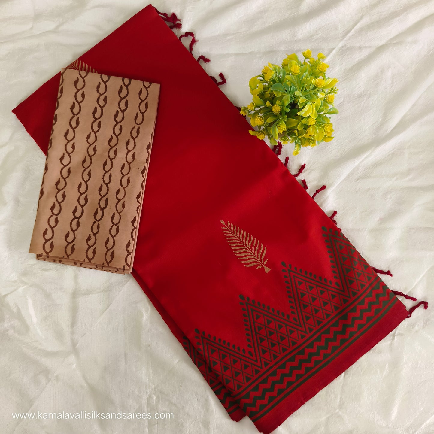 South Cotton Mix Block Printed Saree Red colour with Sandal colour contrast blouse
