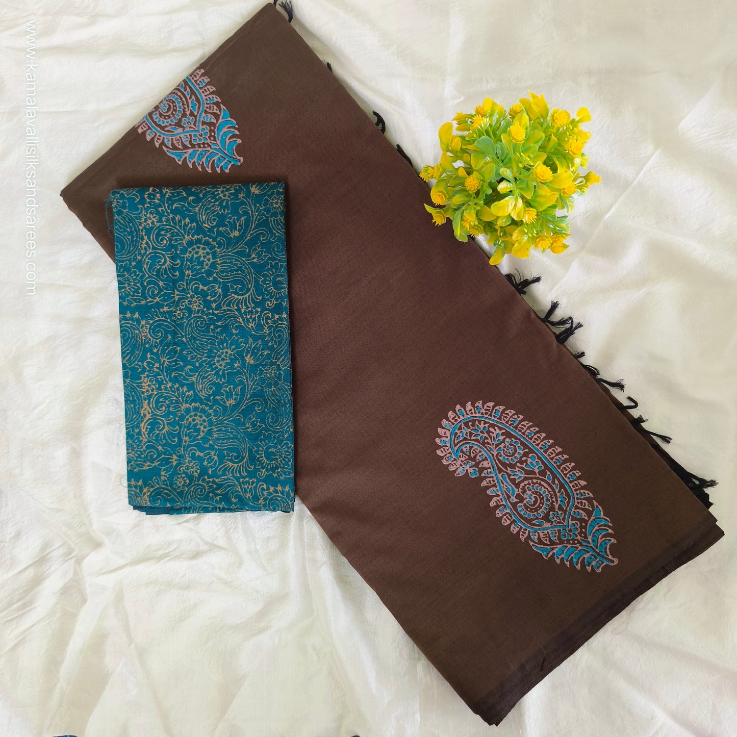 South Cotton Mix Block Printed Saree Coffee Brown colour with Ramar Blue Colour blouse