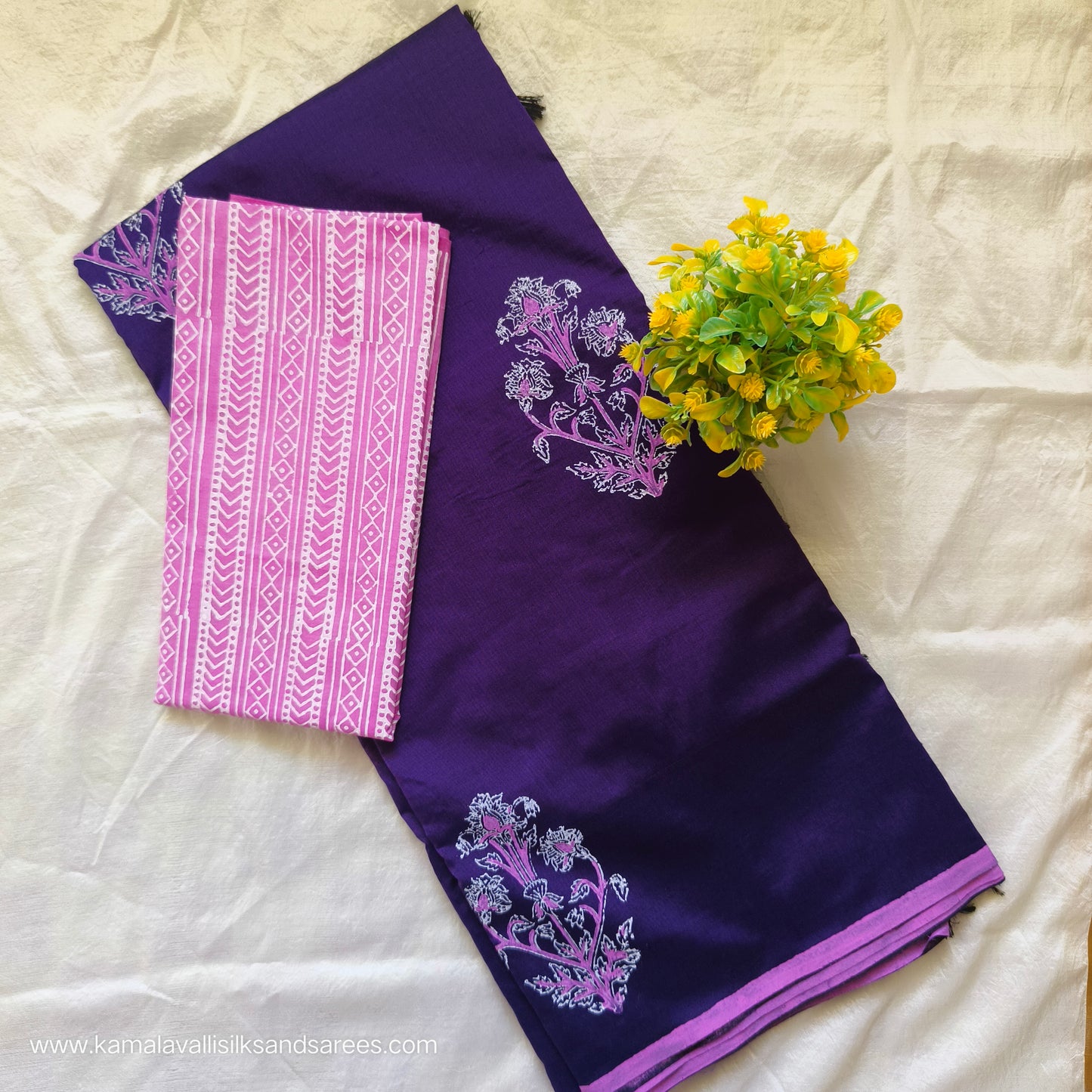South Cotton Mix Block Printed Saree Indigo Colour with Pink colour contrast blouse