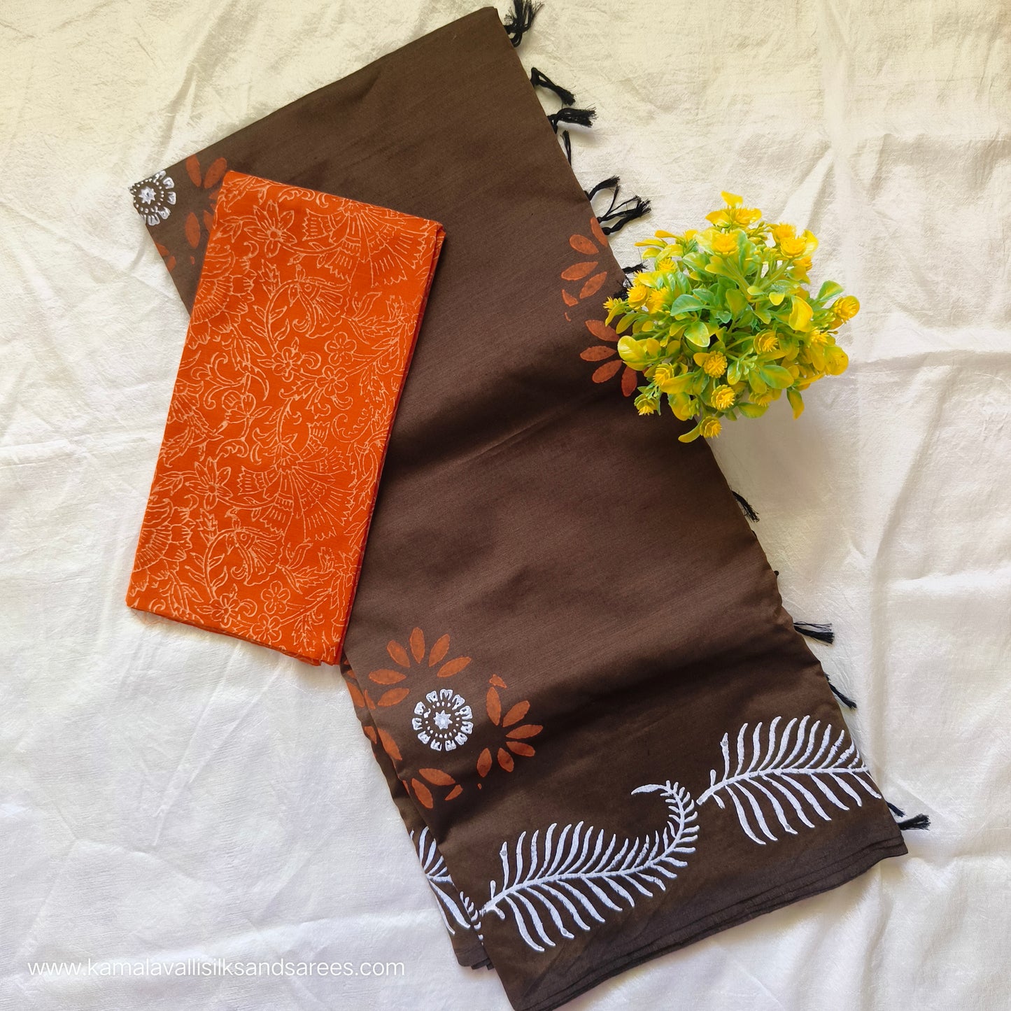 South Cotton Mix Block Printed Saree Chocolate Brown colour with Orange colour blouse
