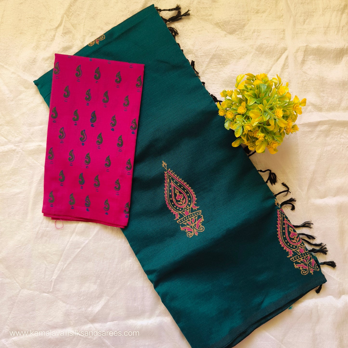 South Cotton Mix Block Printed Saree Peacock Green colour with Contrast colour blouse