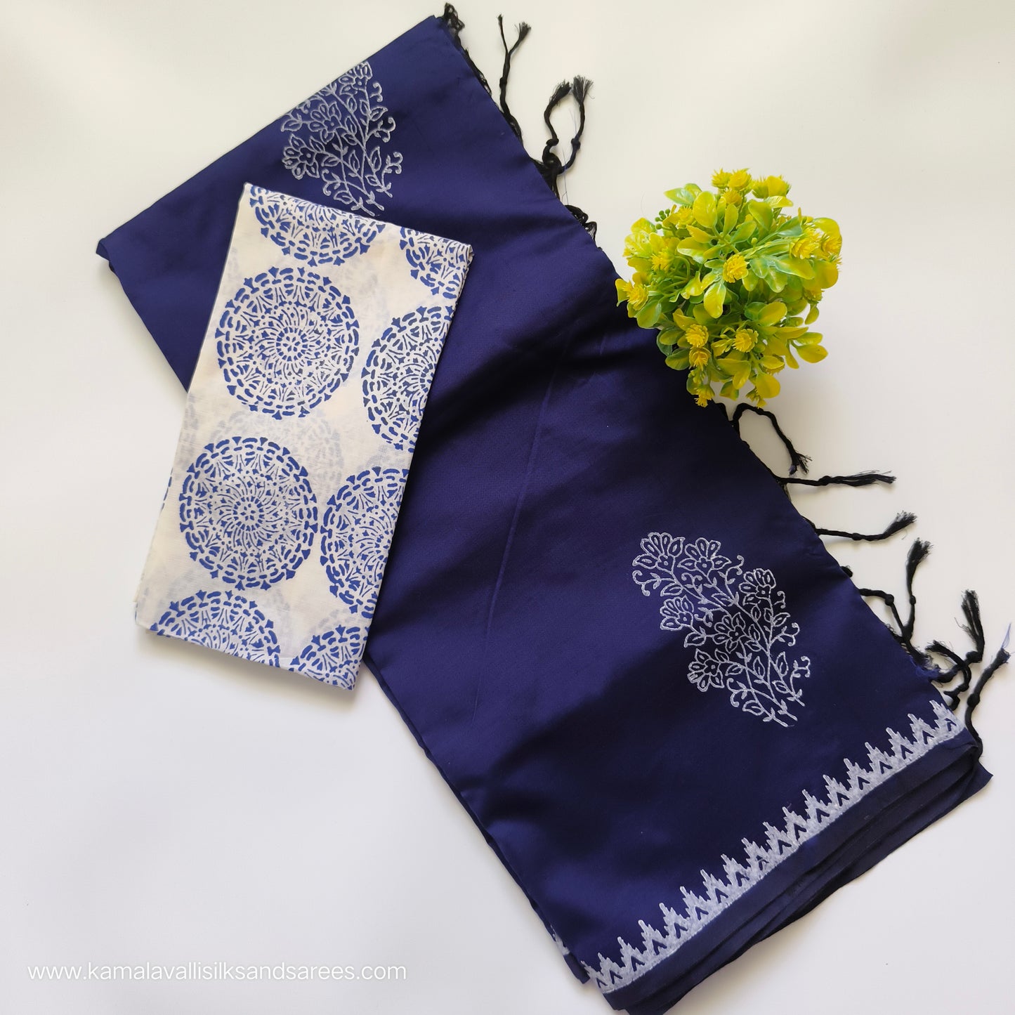South Cotton Mix Block Printed Saree Blue colour with White and Blue colour blouse