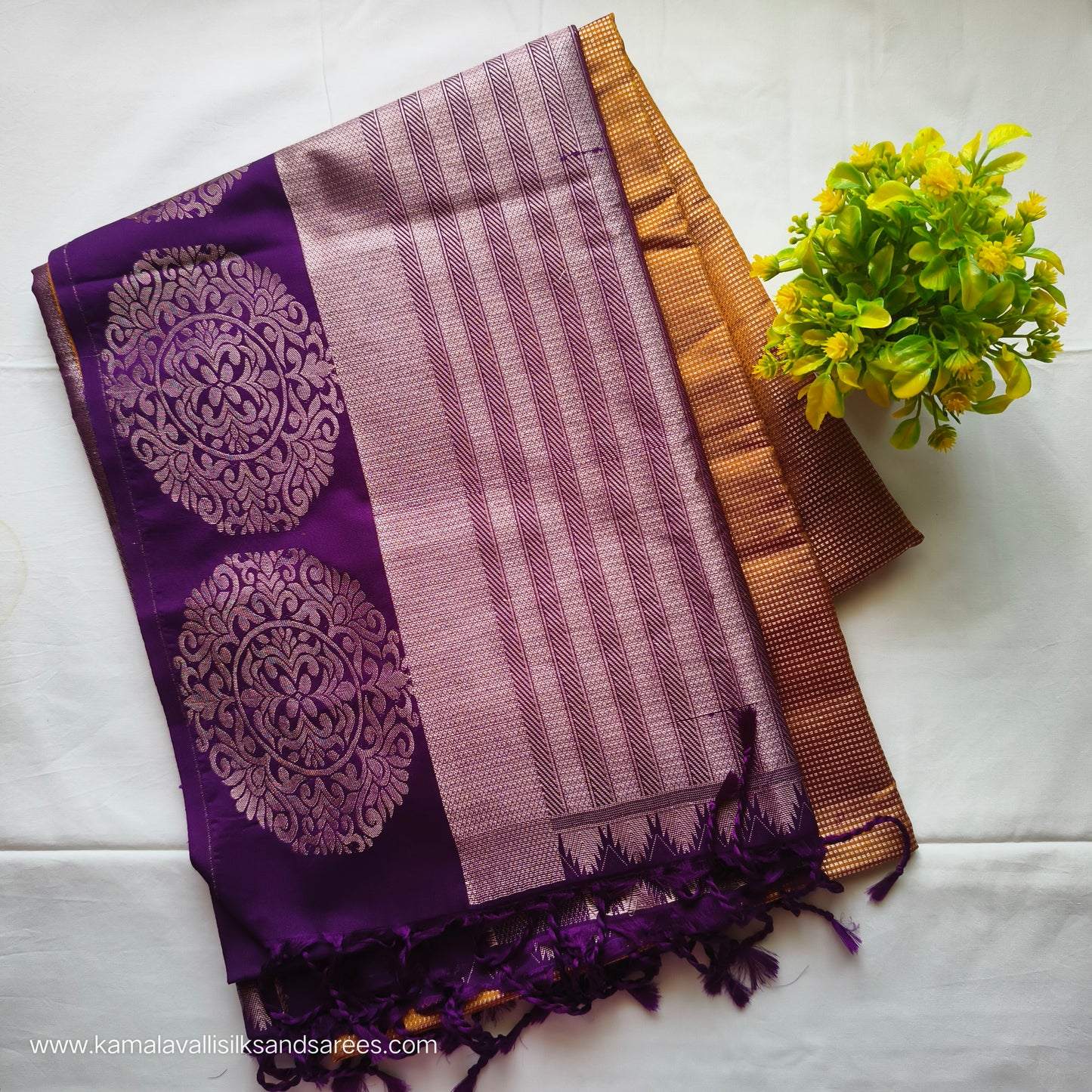 Semi Soft Silk Saree Golden Colour with Violet Colour Pallu