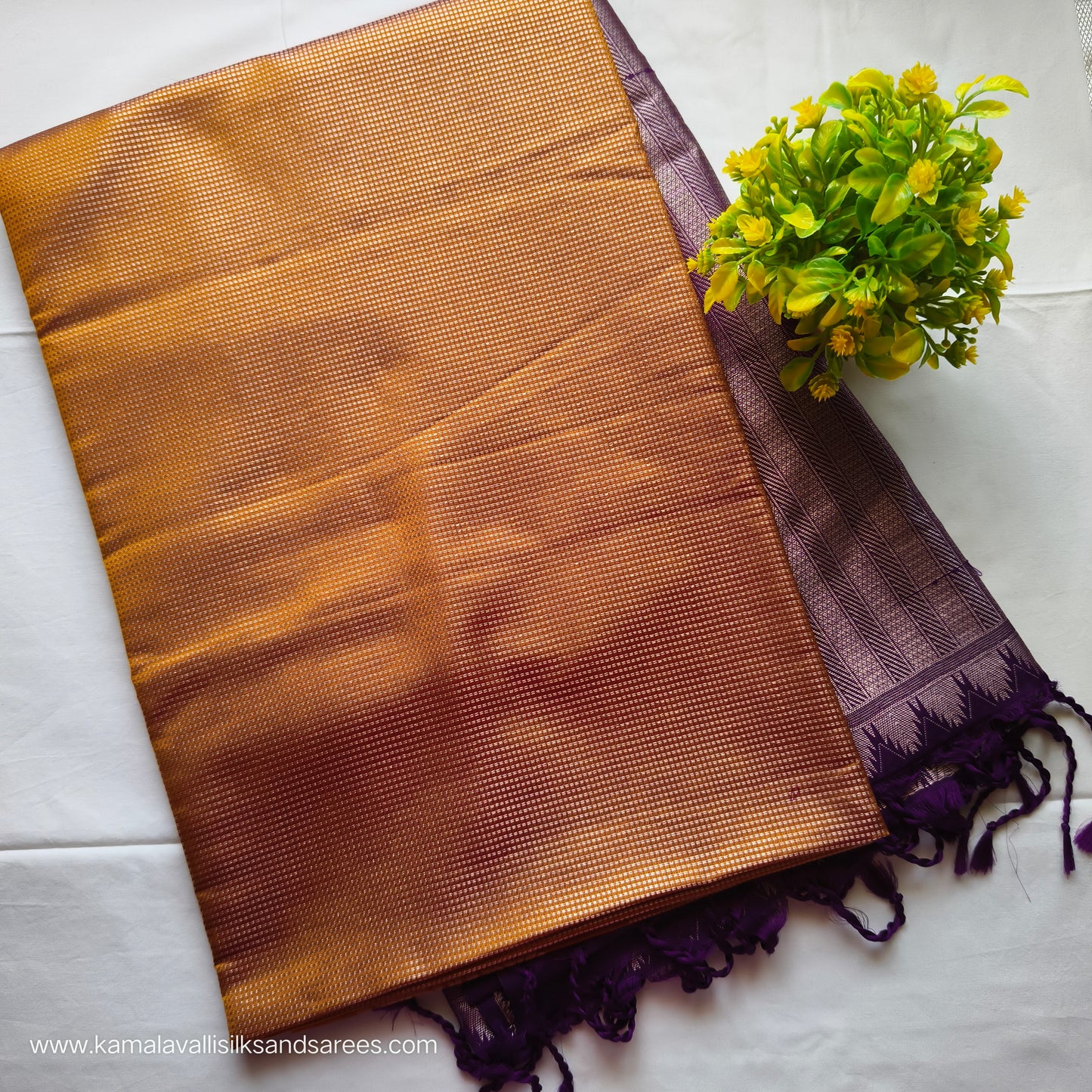 Semi Soft Silk Saree Golden Colour with Violet Colour Pallu