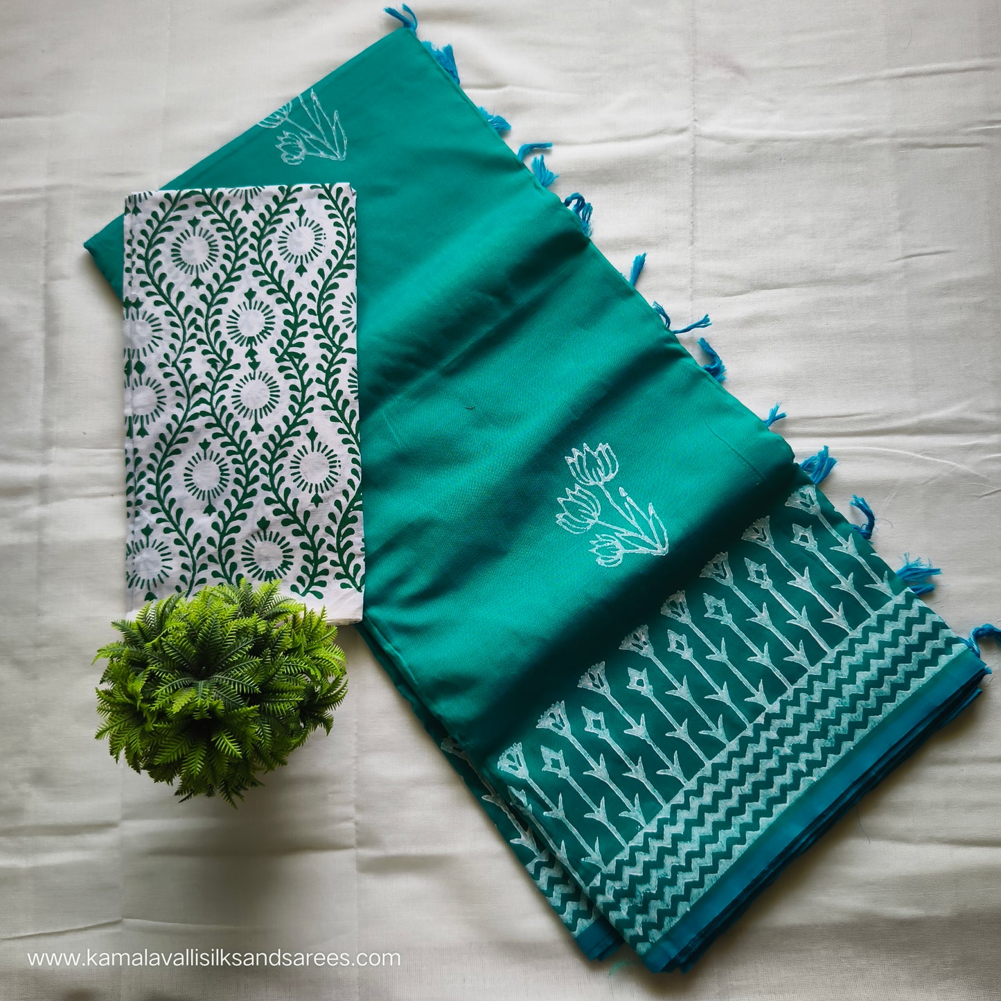 South Cotton Mix Block Printed Saree Copper Sulphate Blue colour with white and blue colour blouse