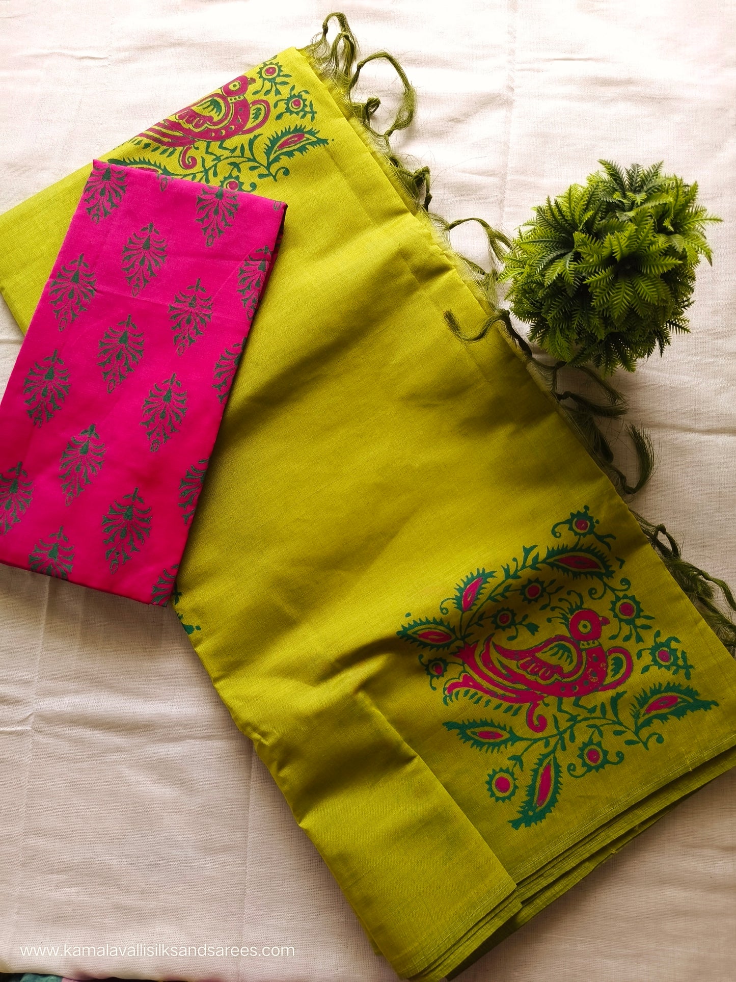 South Cotton Mix Block Printed Saree green colour with Rose Colour blouse