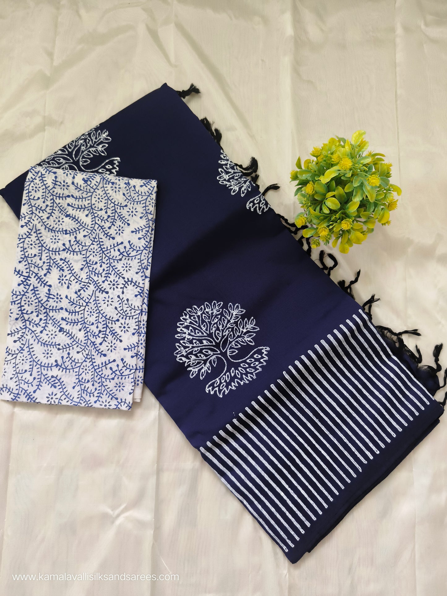South Cotton Mix Block Printed Saree Blue colour with White and Blue colour blouse