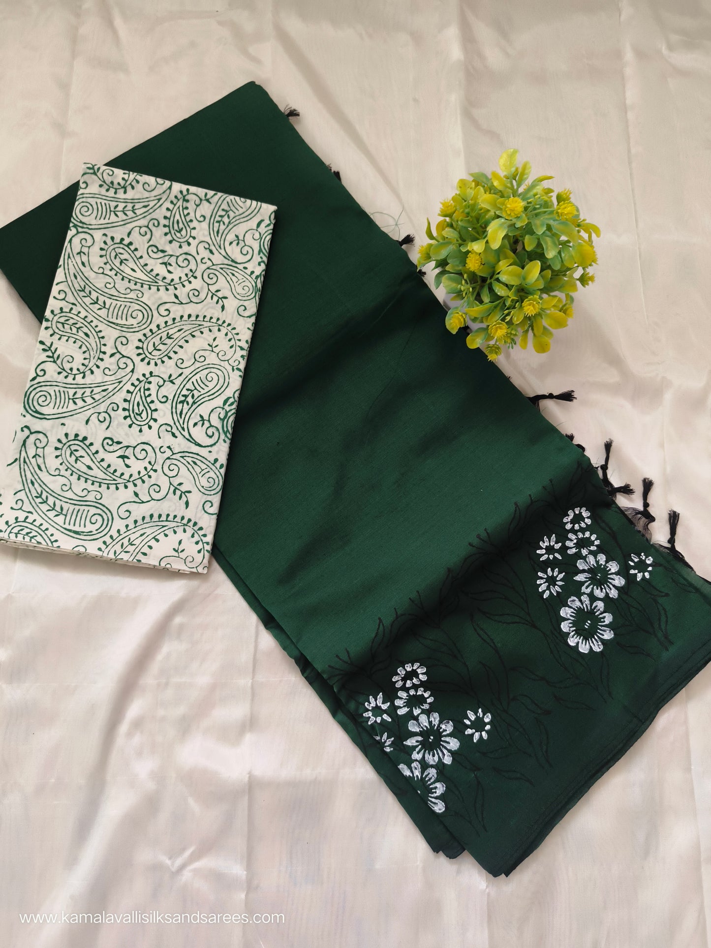 South Cotton Mix hand Block Printed Saree Green colour with White colour blouse