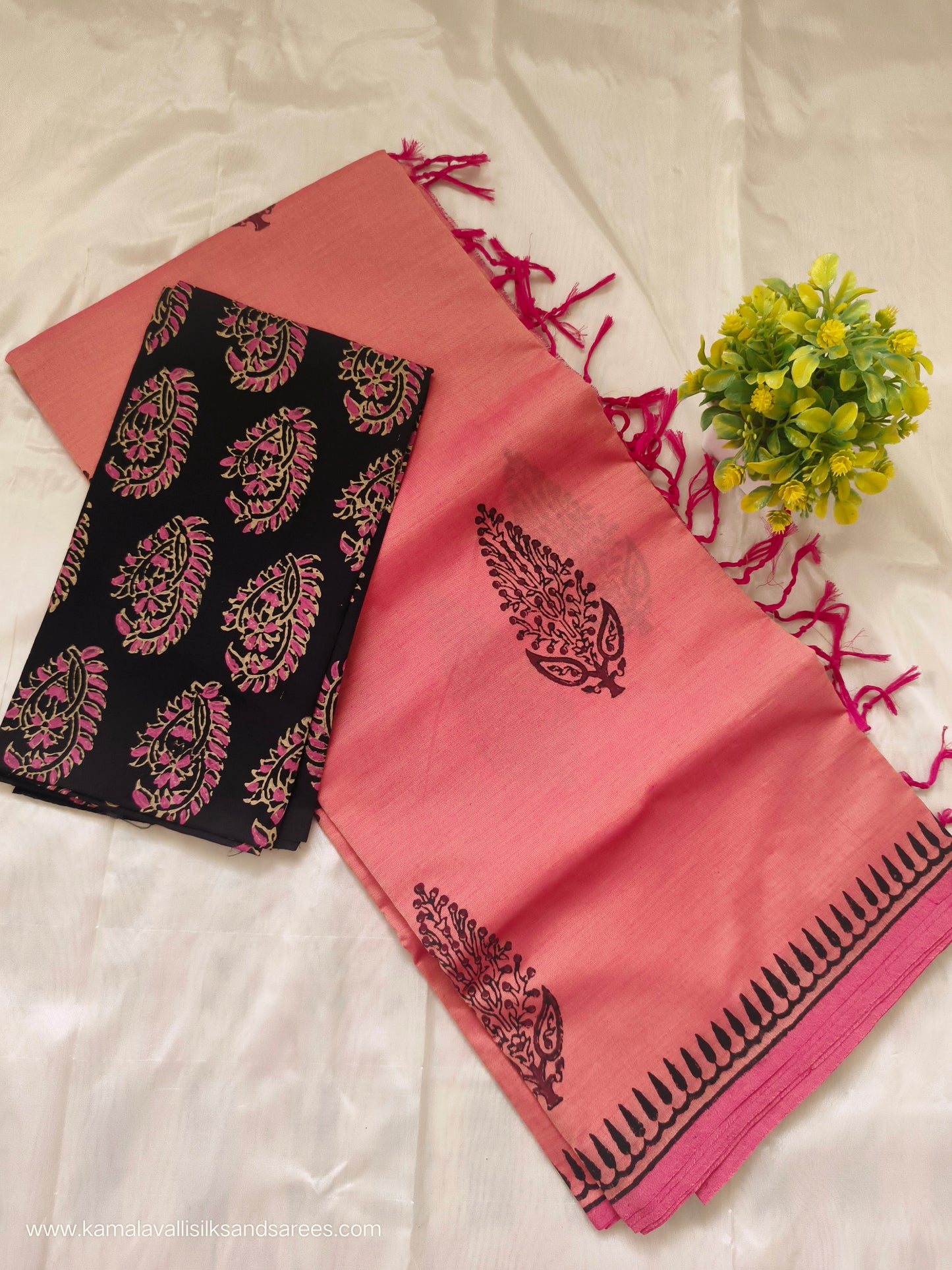 South Cotton Mix hand Block Printed Saree Orange colour with Black colour blouse