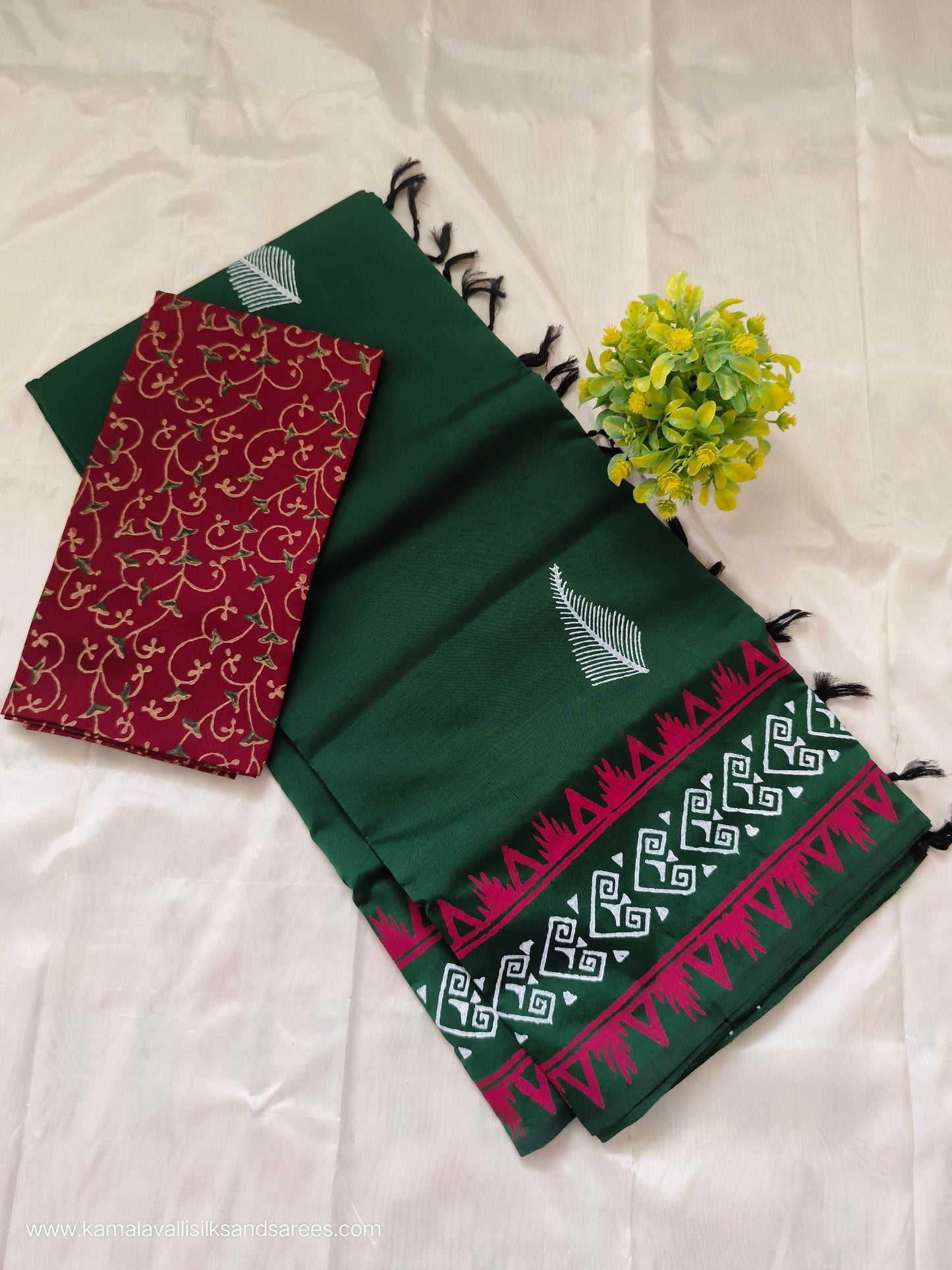 South Cotton Mix hand Block Printed Saree Green colour with Maroon colour blouse