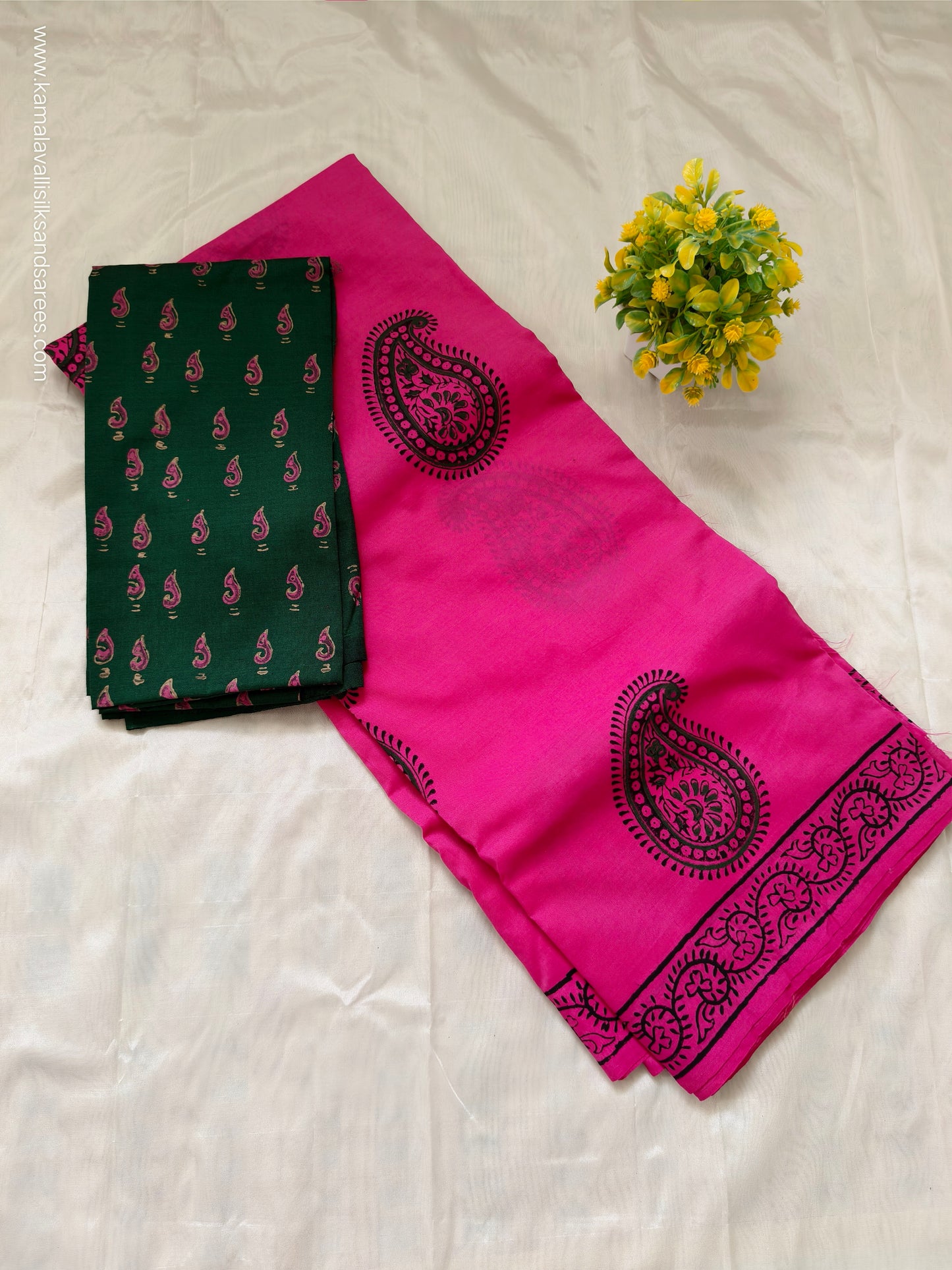 South Cotton Mix Block Printed Saree Rose colour with Green color contrast blouse