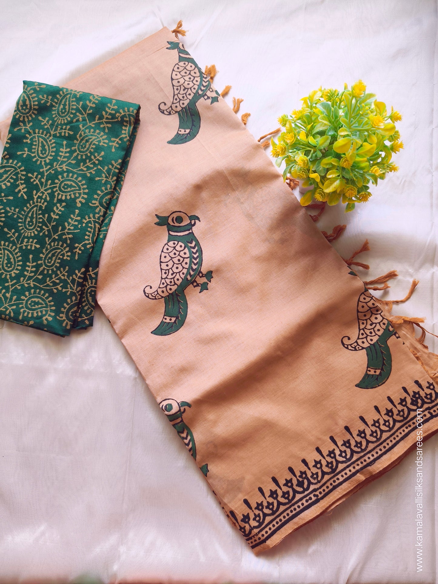 South Cotton Mix Block Printed Saree Cinerious colour with Green colour contrast blouse