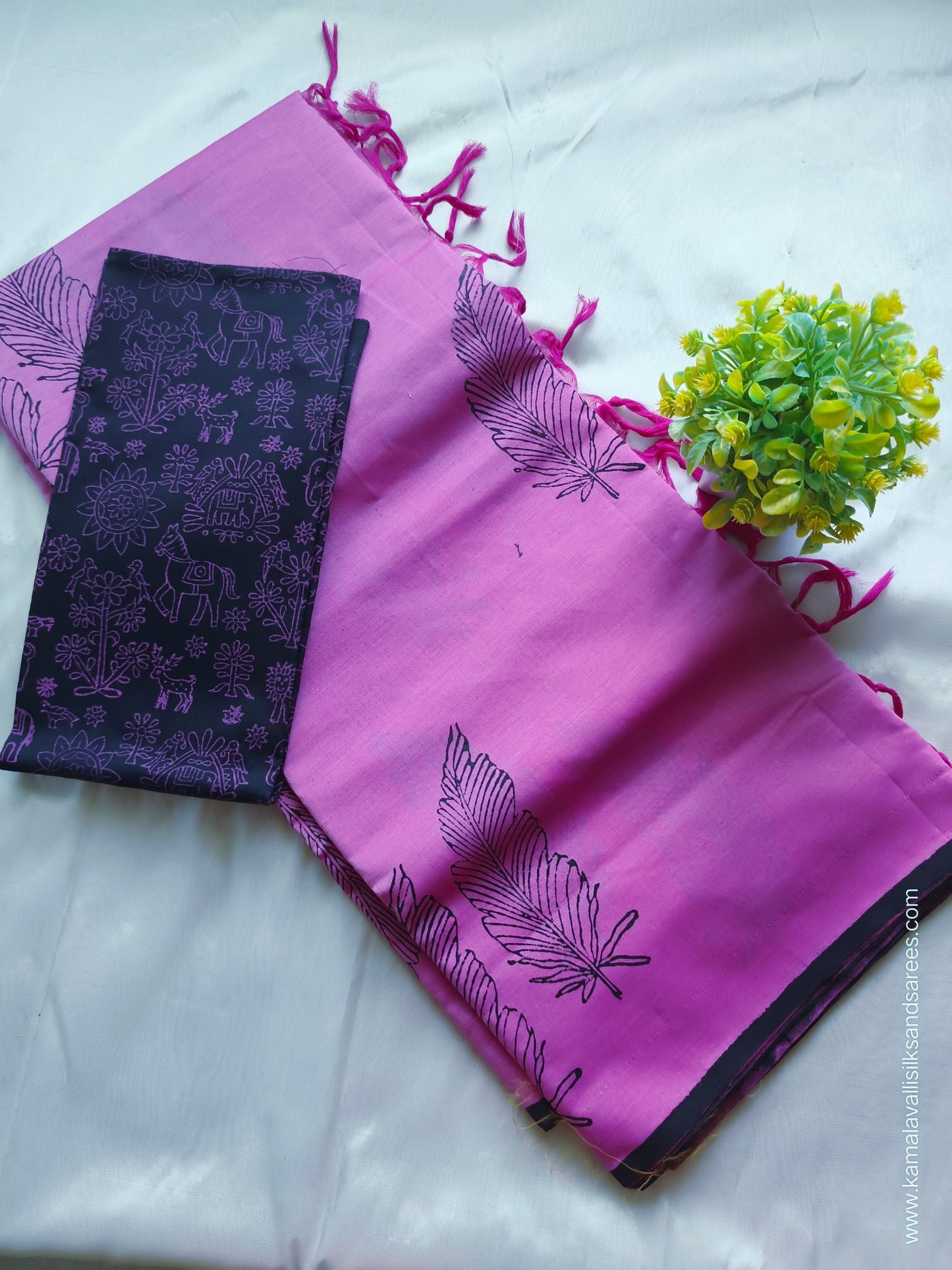 South Cotton Mix Block Printed Saree Pink colour with Black colour contrast blouse