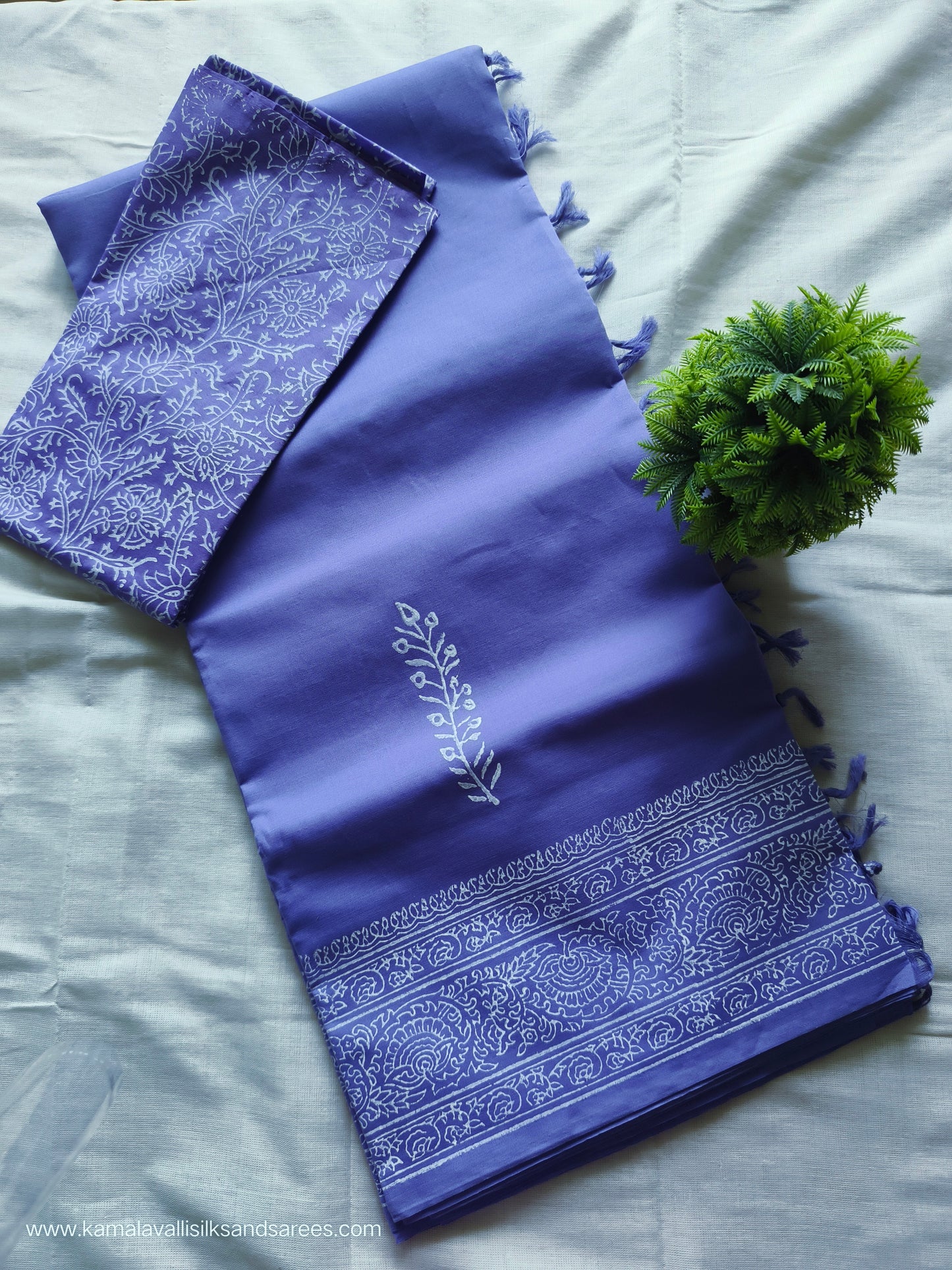 South Cotton Mix Block Printed Saree Purple colour with Purple Colour Contrast blouse