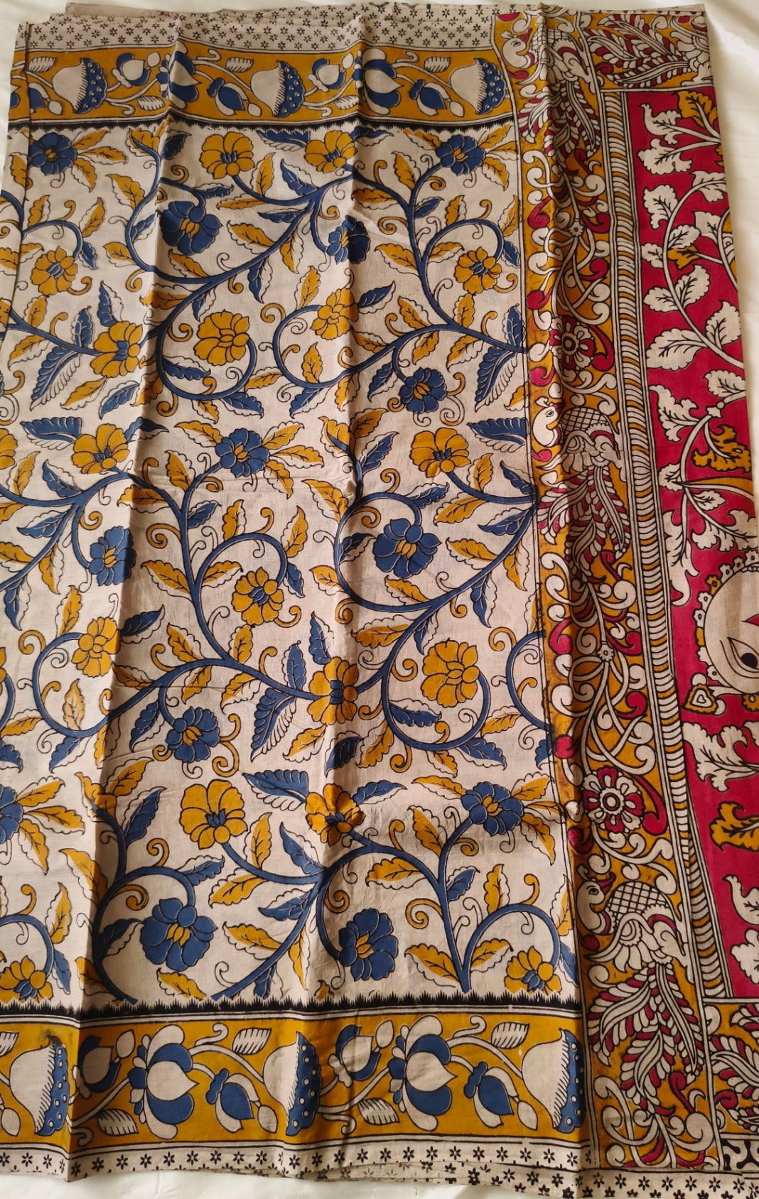 Kalamkari Cotton Saree half white with yellow and blue Colour