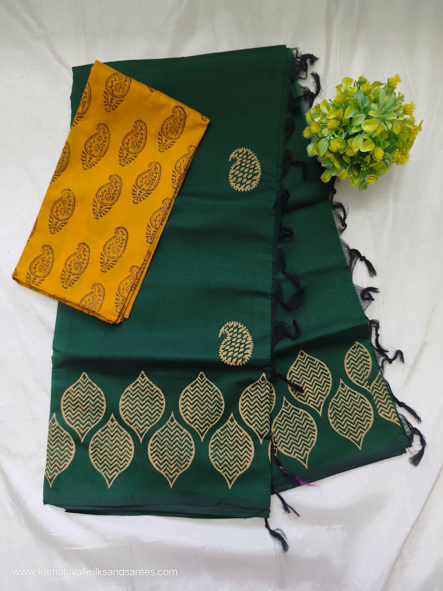 South Cotton Mix Block Printed Saree Green Colour with Yellow colour contrast blouse