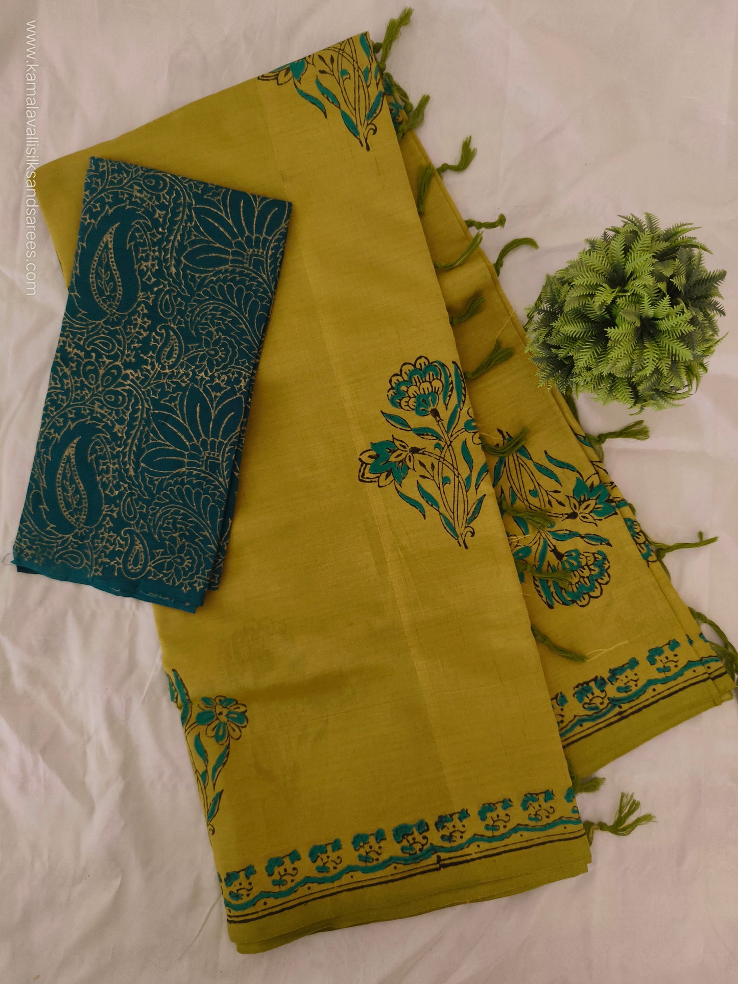 South Cotton Mix Block Printed Saree Olive Yellow Colour with Teal Blue colour contrast blouse
