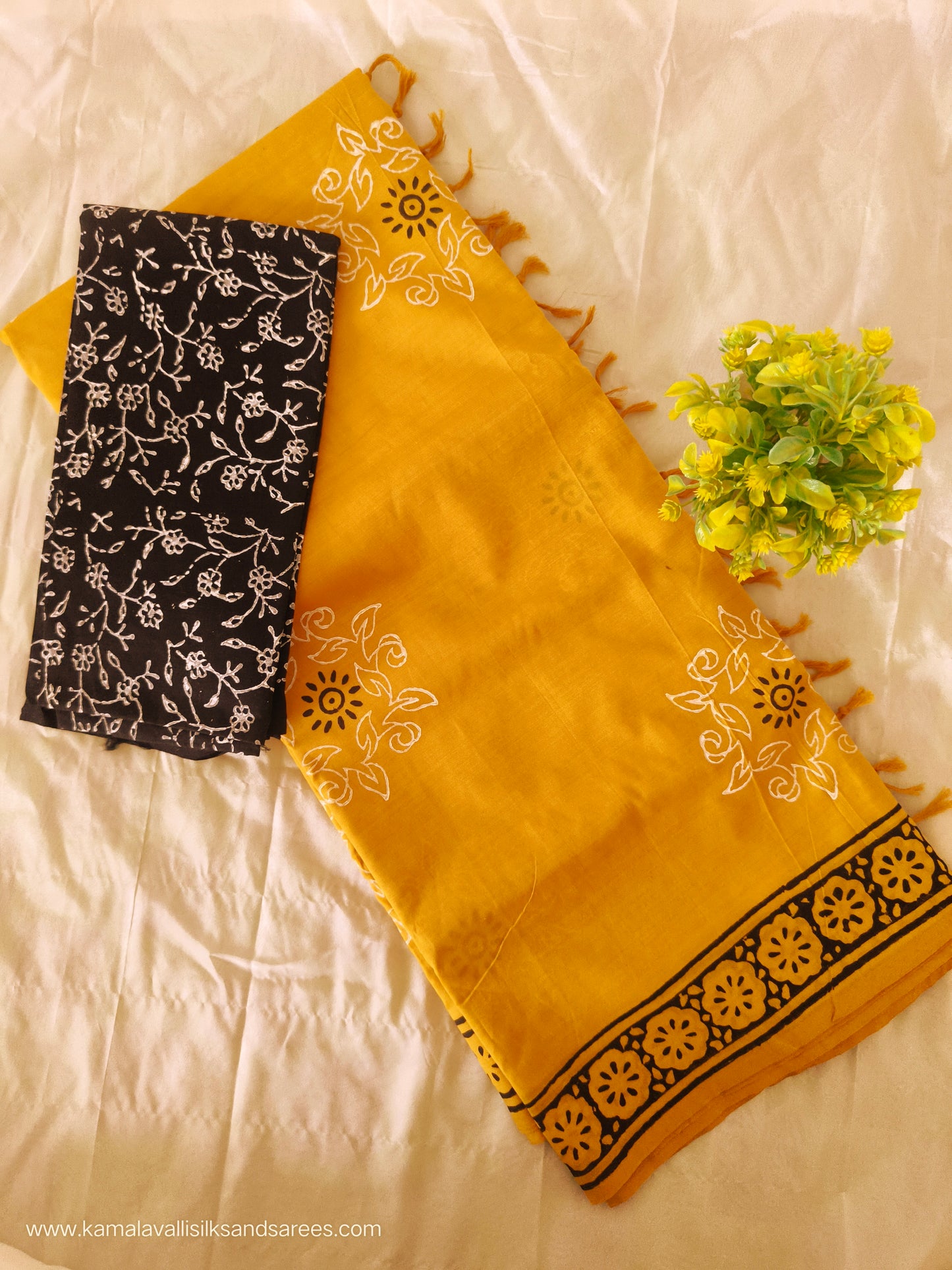 South Cotton Mix Block Printed Saree Yellow colour with Black colour contrast blouse