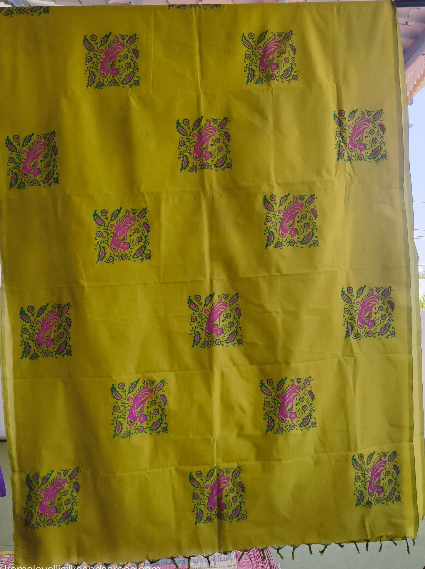 South Cotton Mix Block Printed Saree green colour with Rose Colour blouse