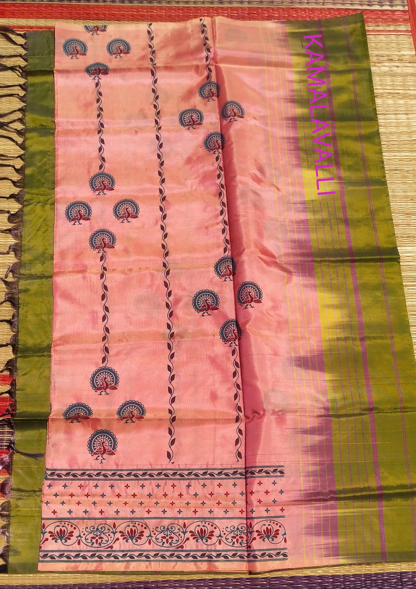 Printed Valaipattu / Chinalampattu Saree Pink colour with Green colour Pallu