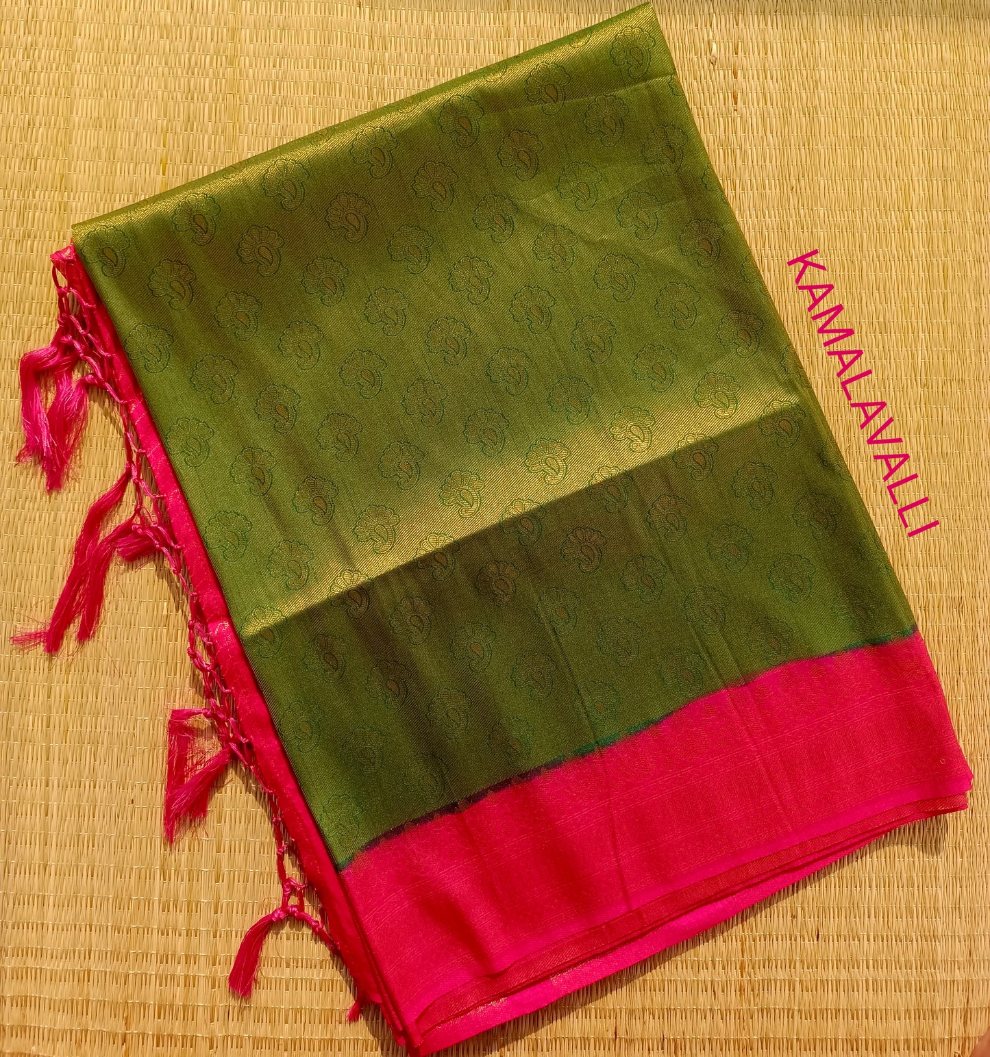 Semi Banarasi Saree Green colour with Rose colour Pallu and blouse