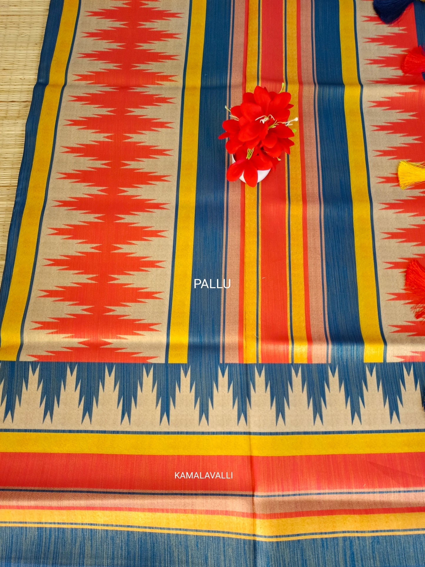 Linen Silk Saree mild Yellow and Blue Colour