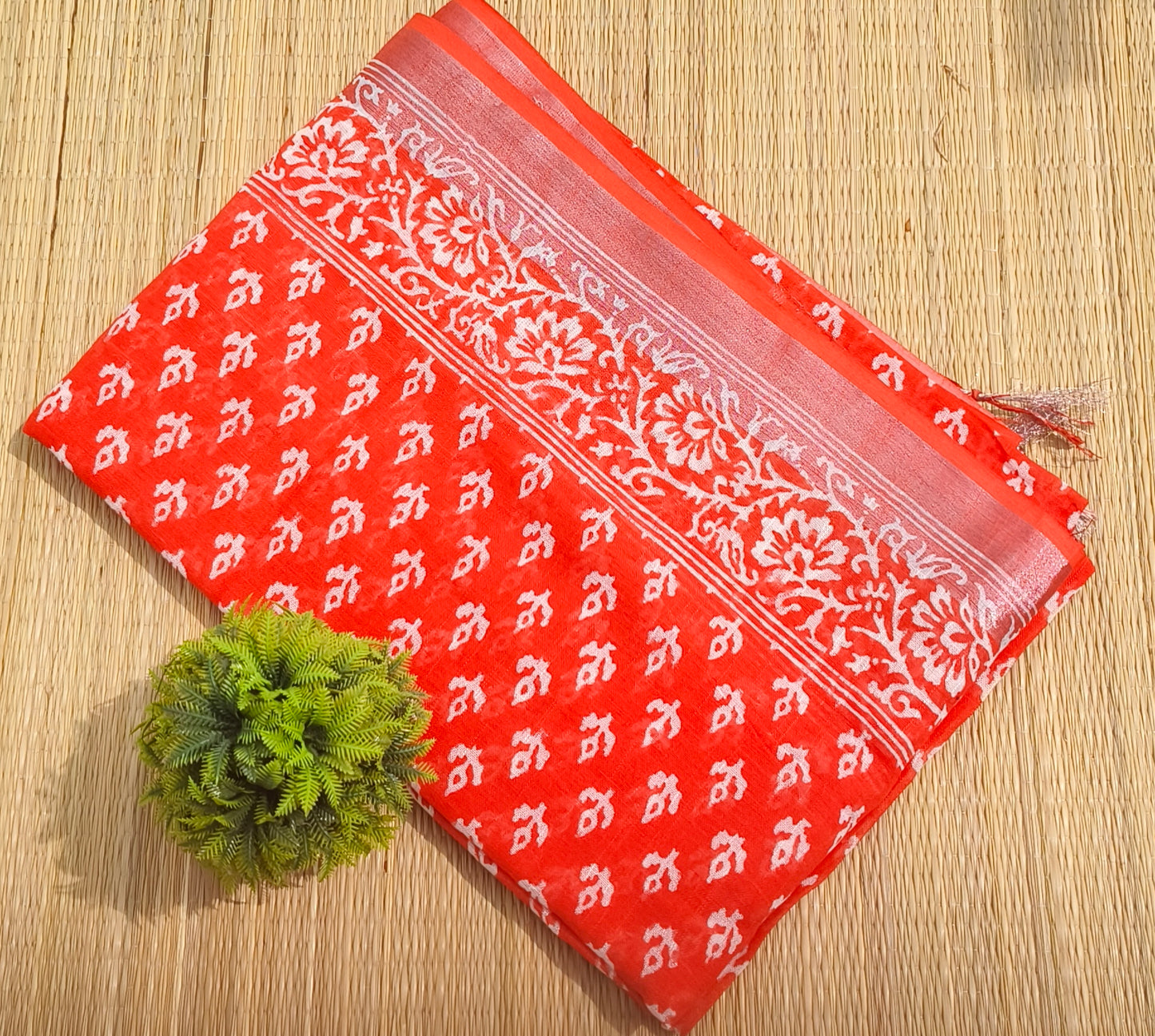 Pure Linen Cotton Saree Orange Colour