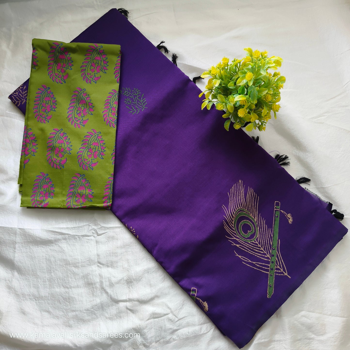 South Cotton Mix Block Printed Saree Indigo colour with Green Colour Contrast blouse