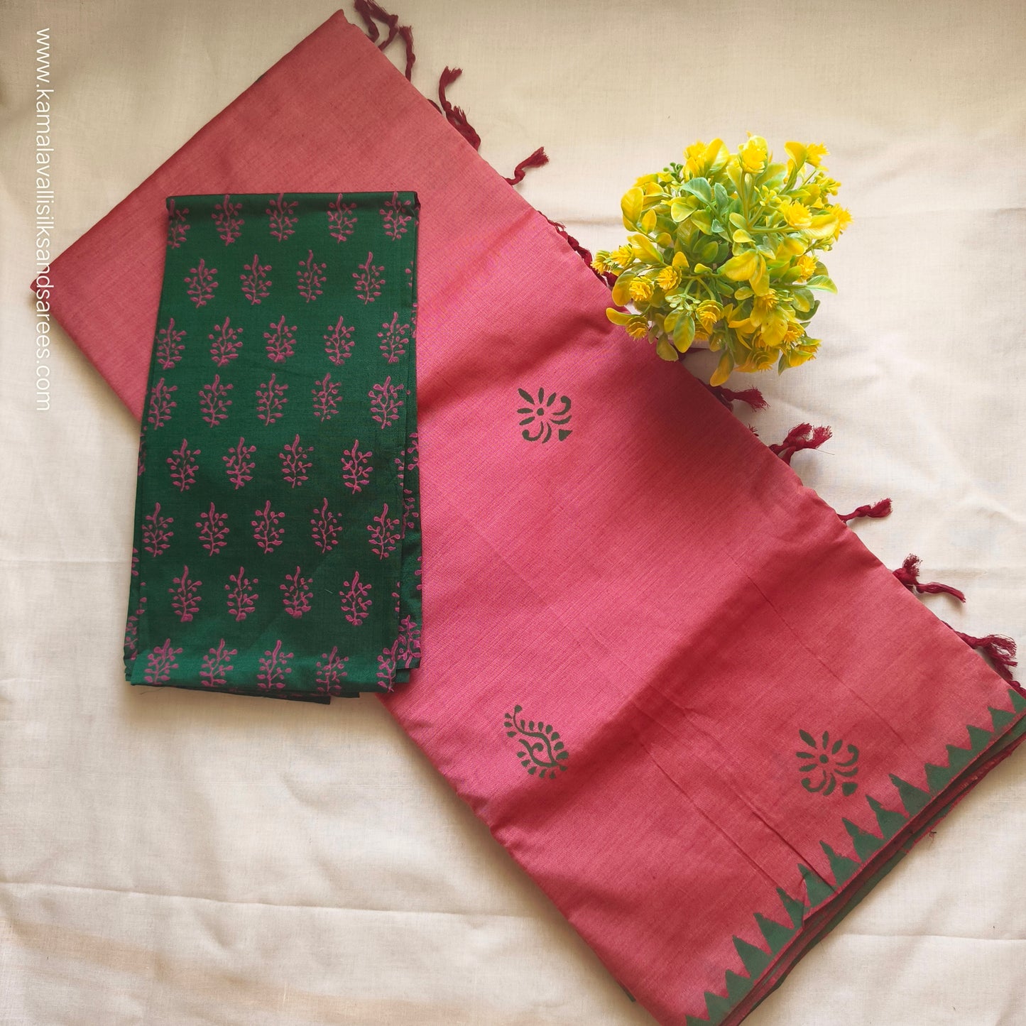South Cotton Mix Block Printed Saree Peach Colour with Green colour contrast blouse