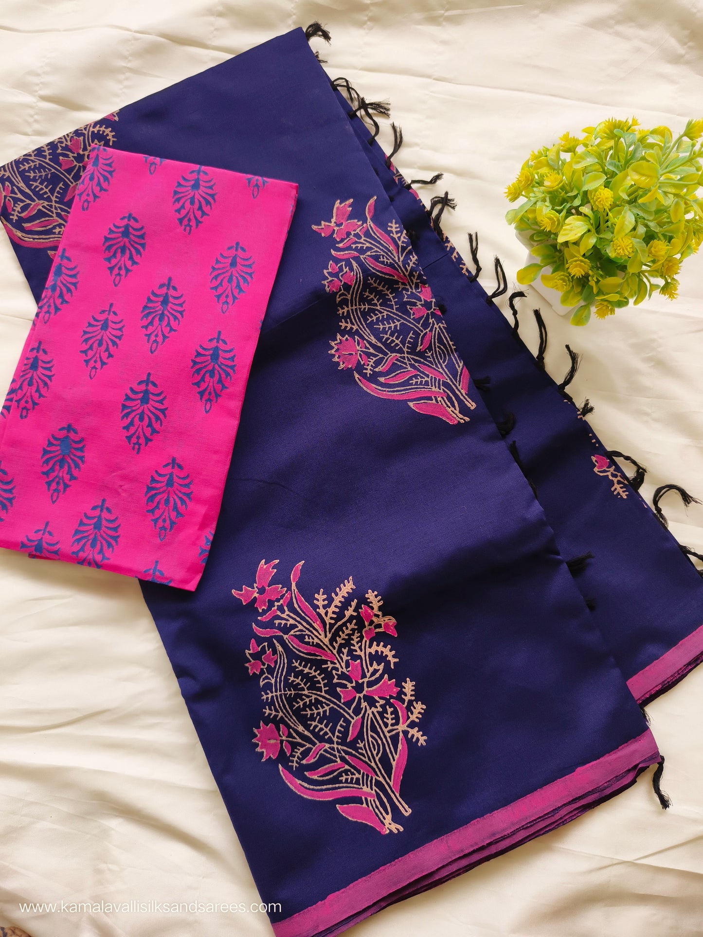 South Cotton Mix Block Printed Saree Blue colour with Rose colour contrast blouse