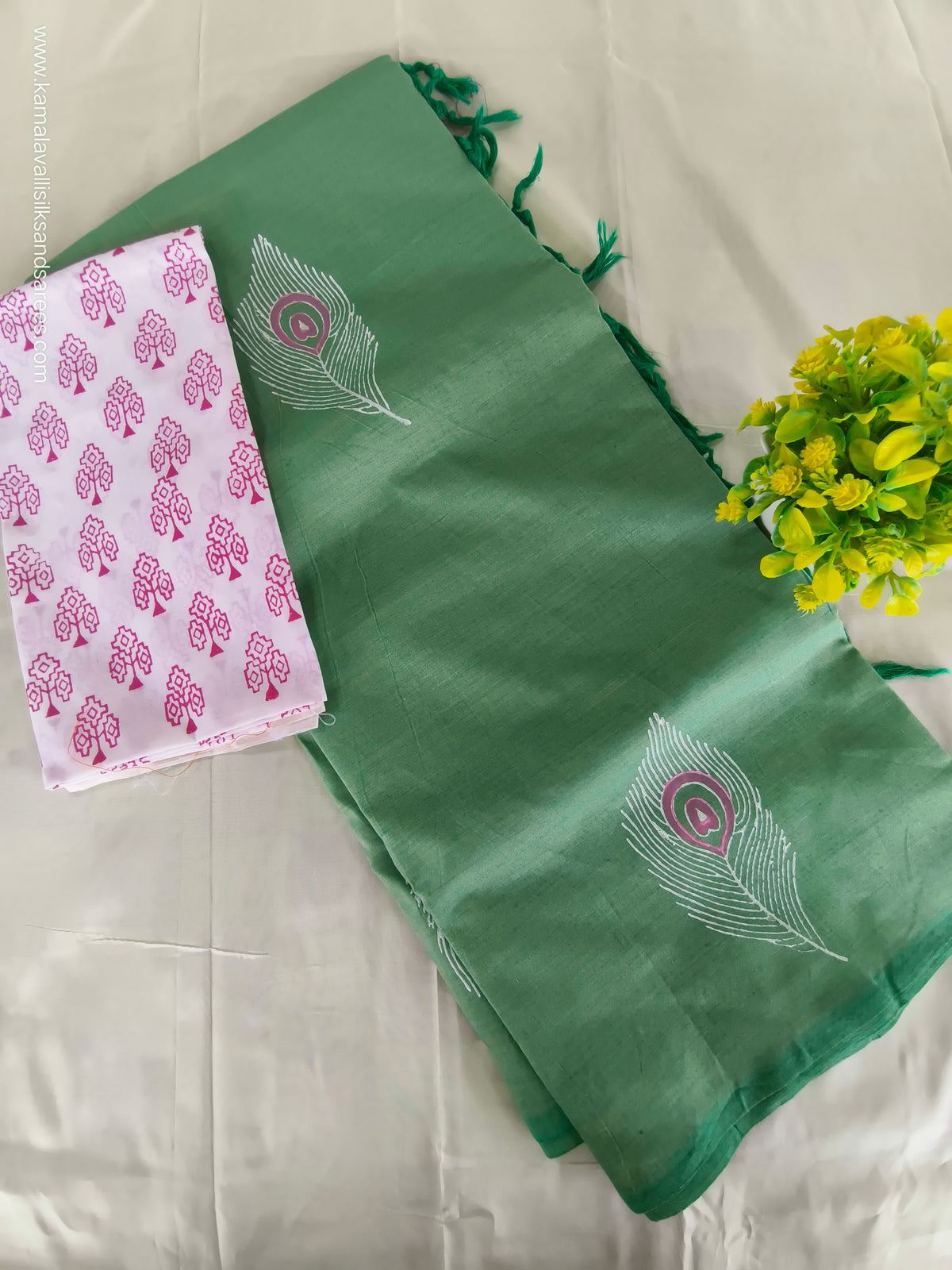 South Cotton Mix Block Printed Saree Pastel Green colour with White and Rose colour contrast blouse (Copy)