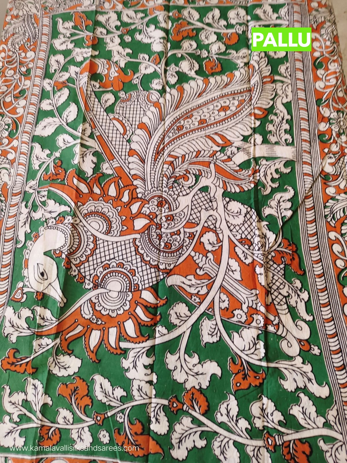 Kalamkari Cotton Saree Half White and Blue Colour