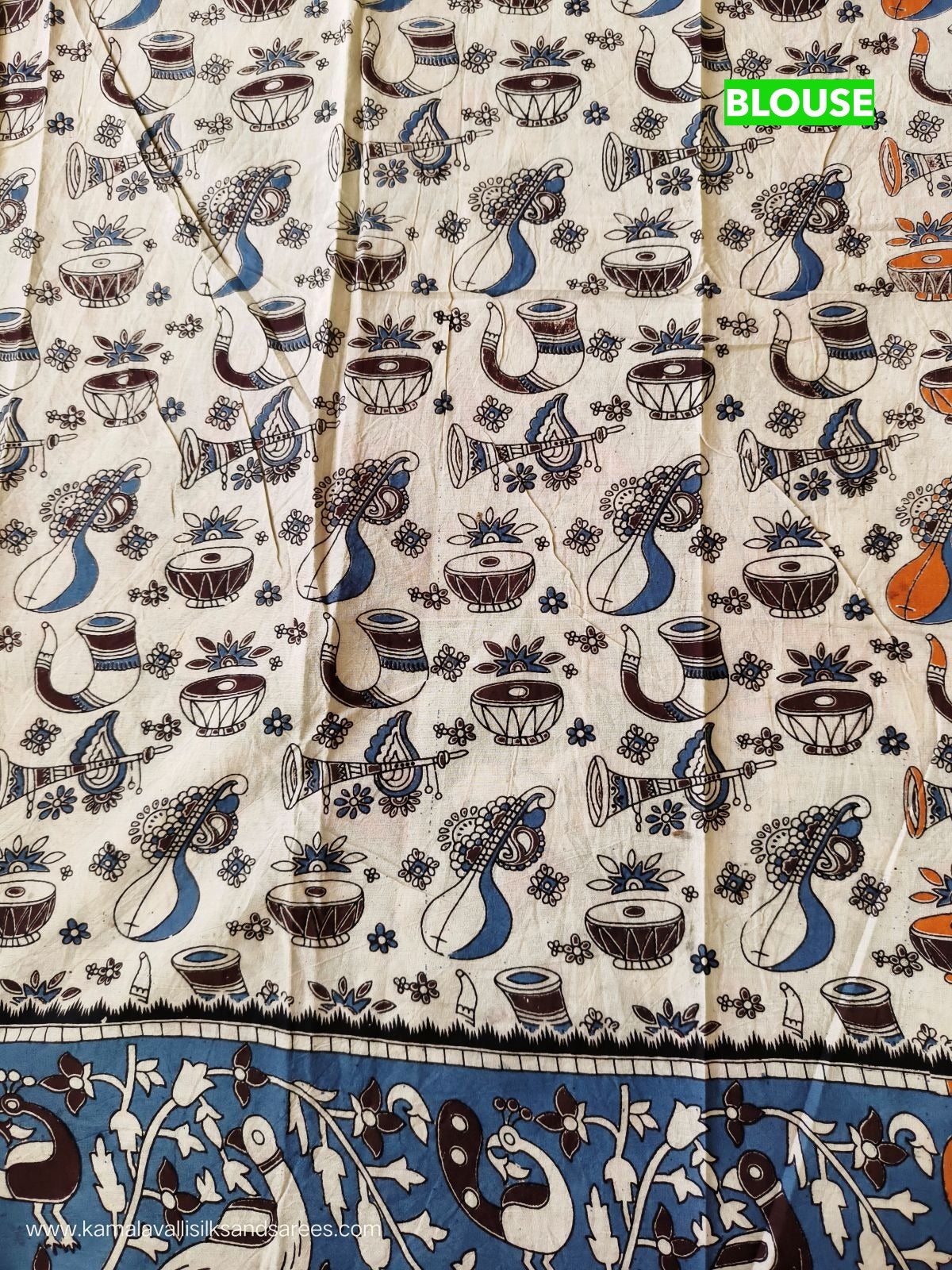 Kalamkari Cotton Saree Half White and Blue Colour