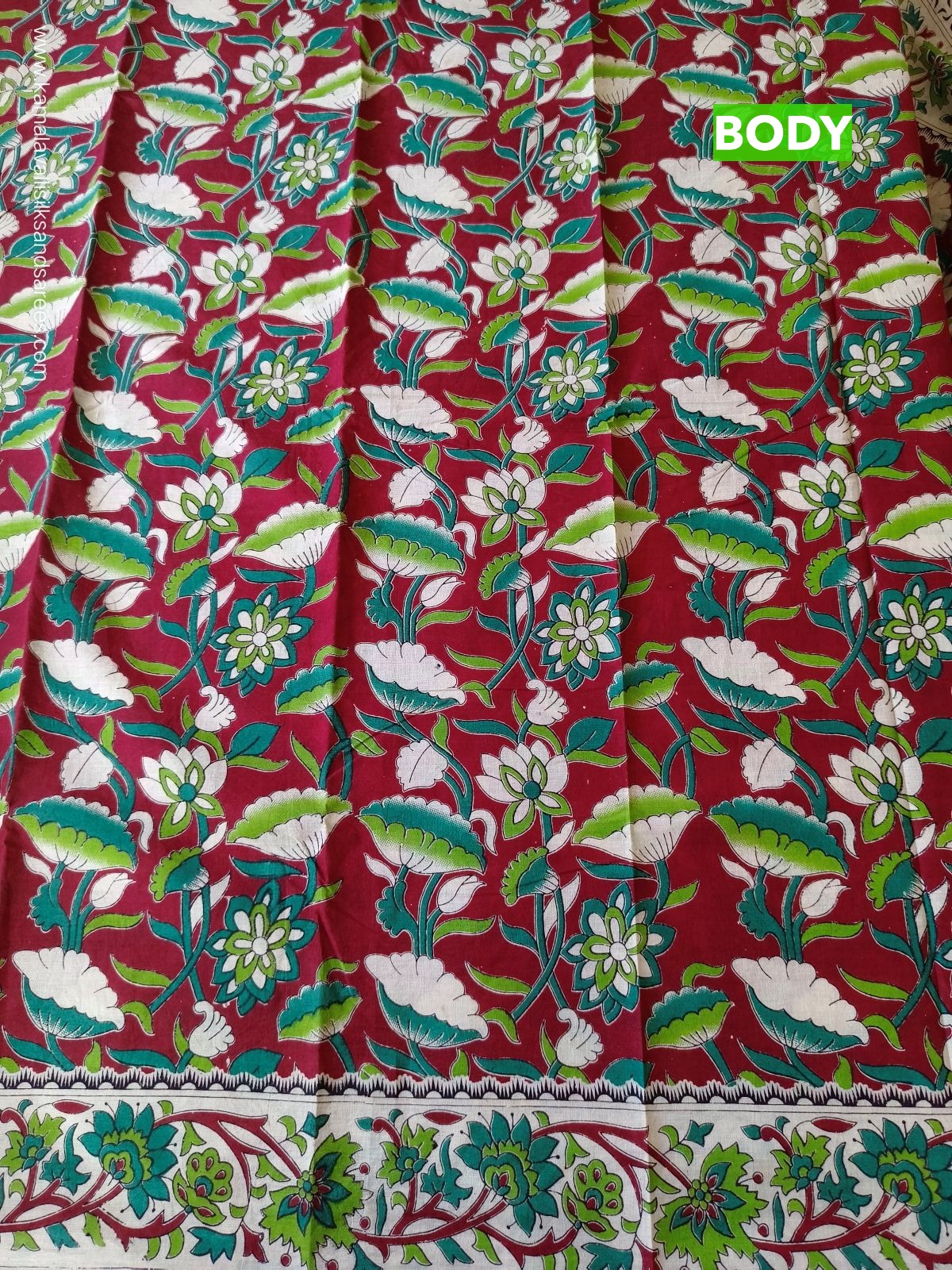Kalamkari Cotton Saree Maroon and Green Colour