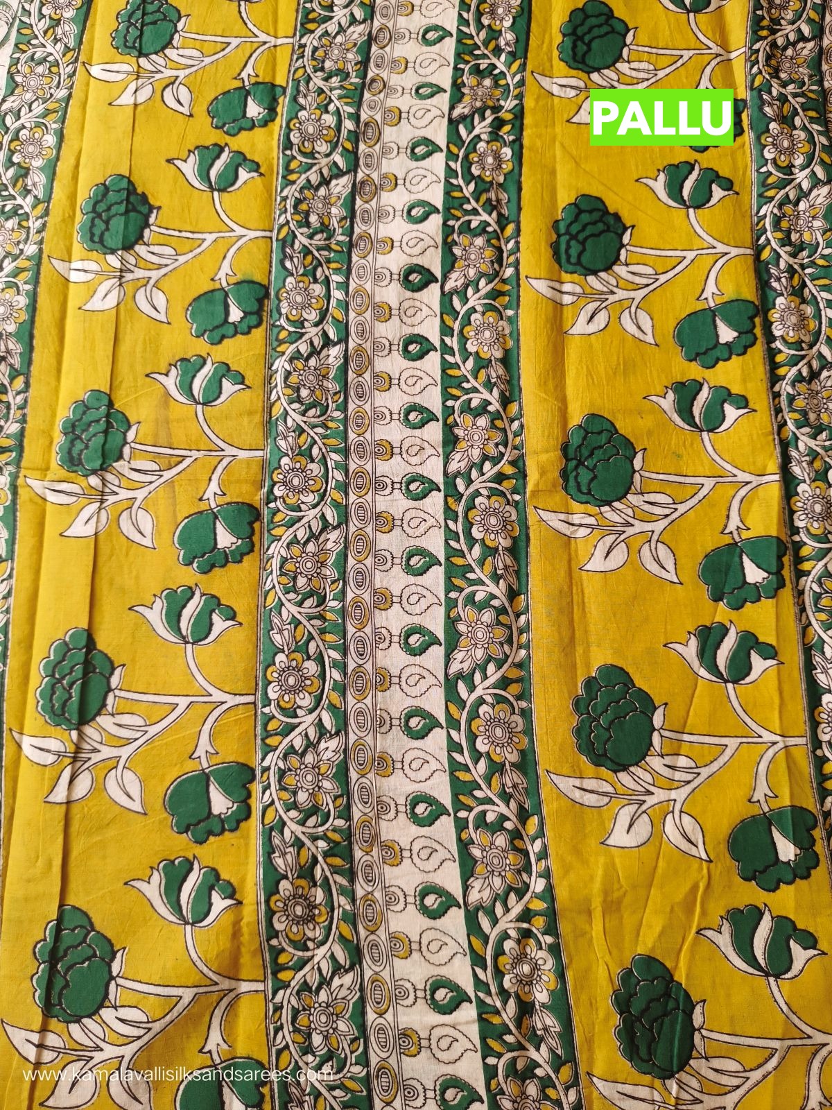 Kalamkari Cotton Saree Half White and Yellow Colour