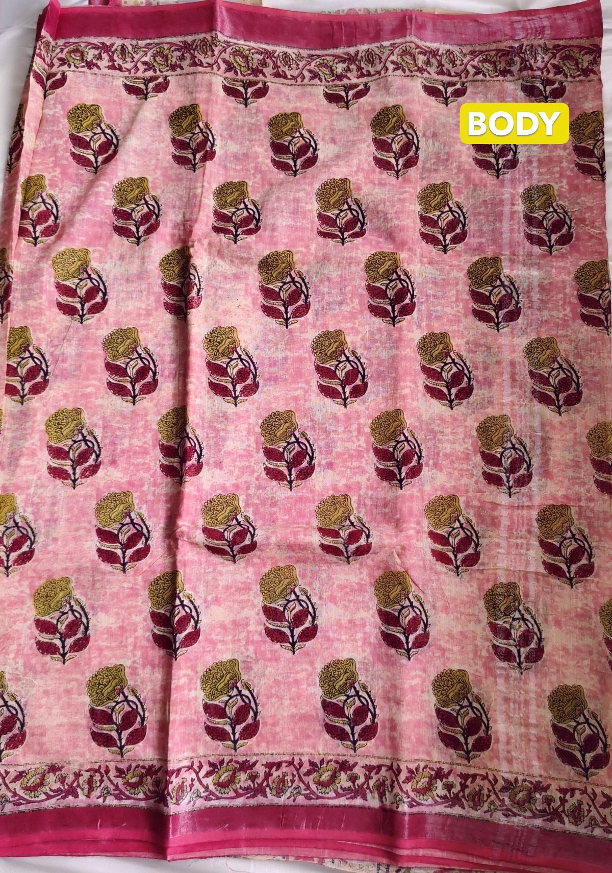 Pure Linen Cotton Saree Pastel Pink Colour with Zari Border