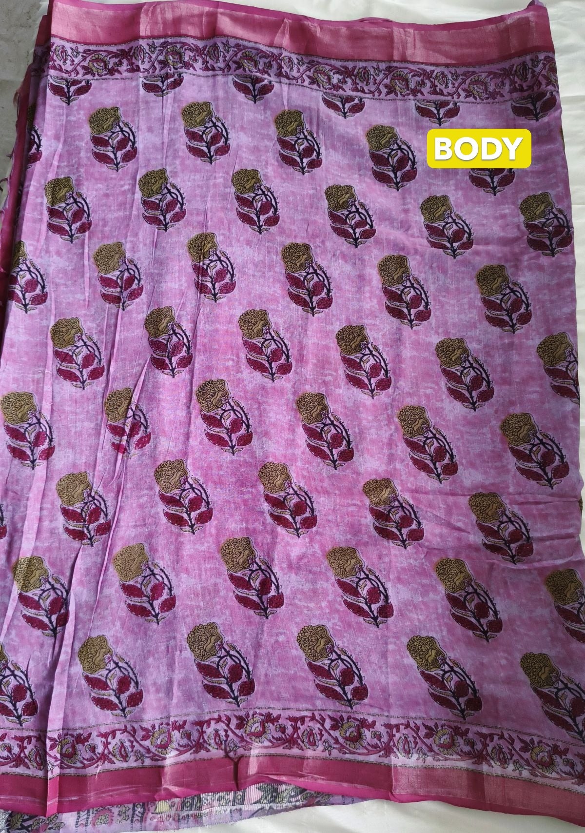 Pure Linen Cotton Saree Pink Colour with Zari Border